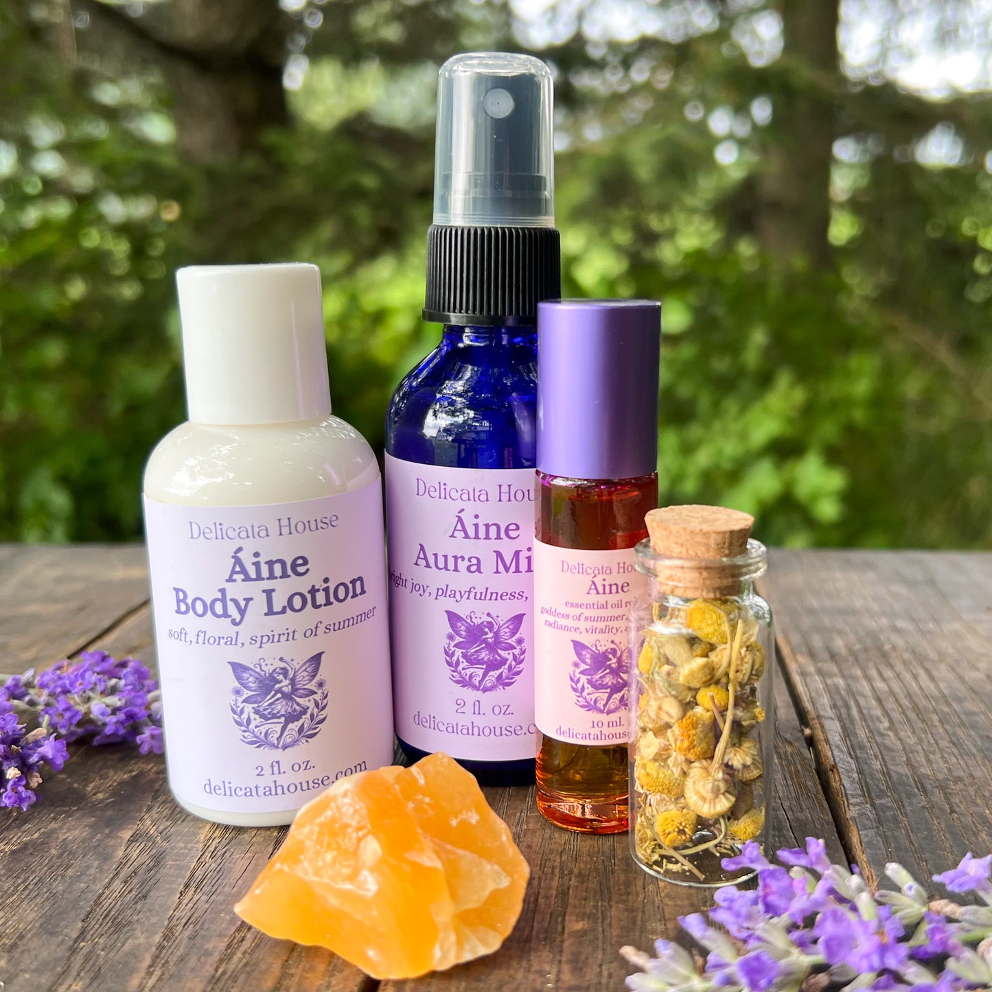 Áine Aromatherapy Set - Áine Goddess Set - Aura Mist, Roller, Body Lotion, Crystal, Herbs -