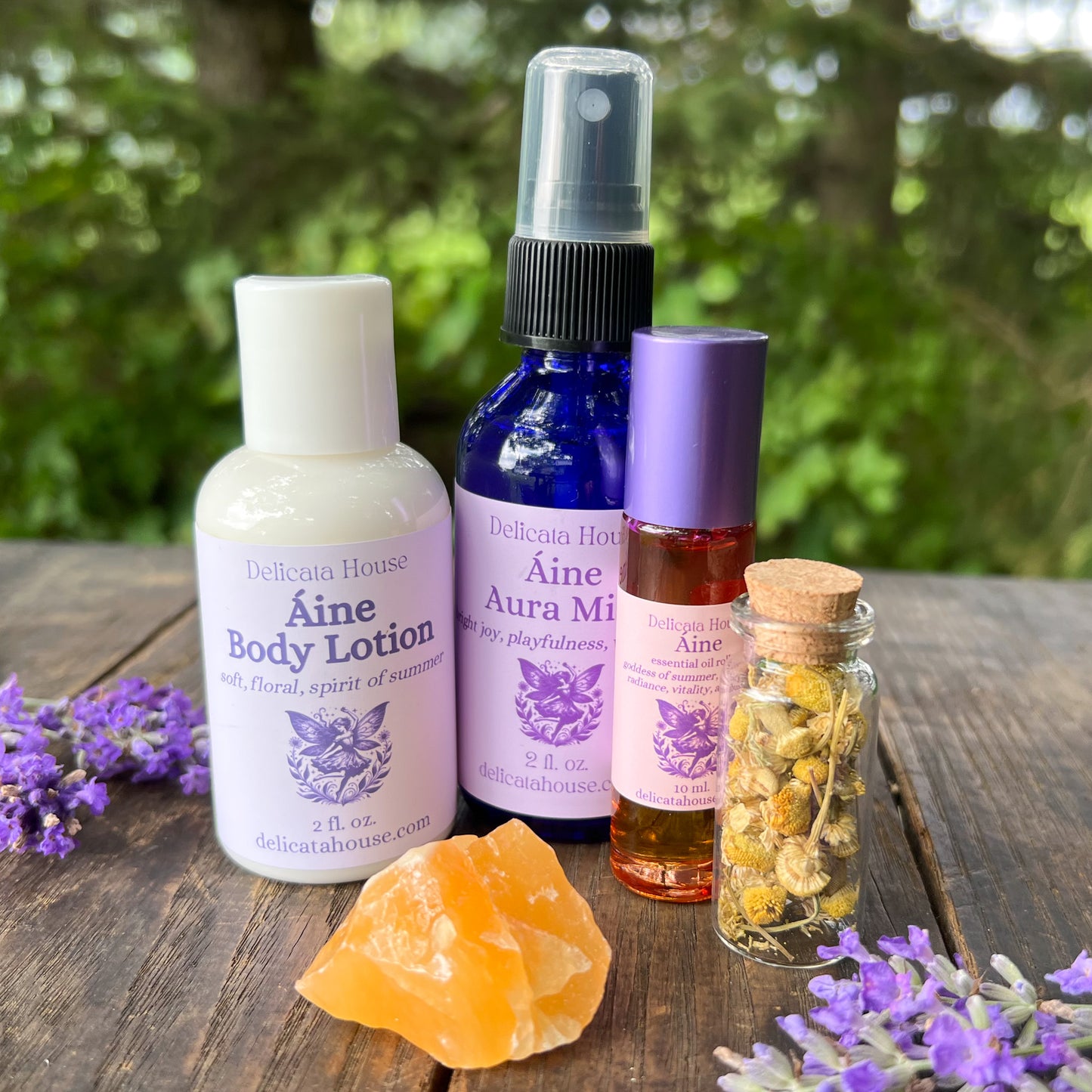 Áine Aromatherapy Set - Áine Goddess Set - Aura Mist, Roller, Body Lotion, Crystal, Herbs -