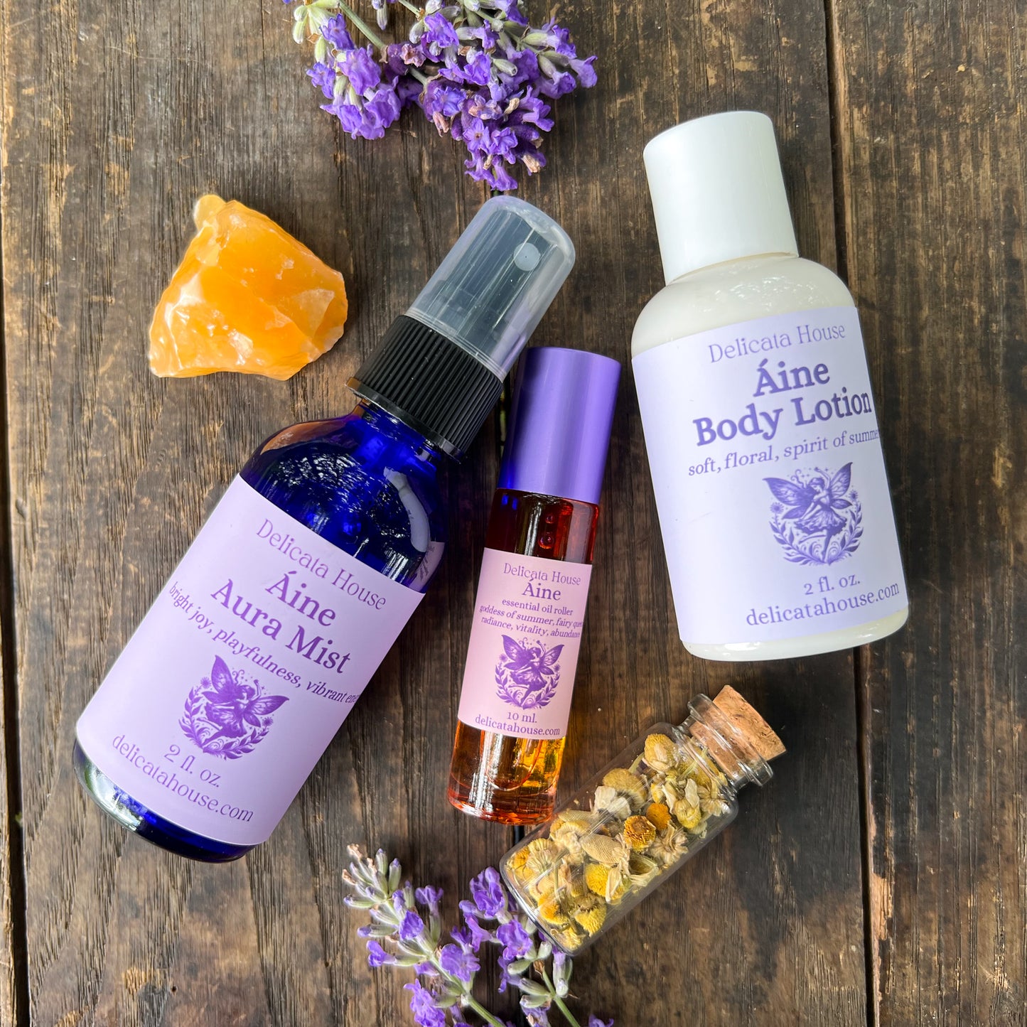 Áine Aromatherapy Set - Áine Goddess Set - Aura Mist, Roller, Body Lotion, Crystal, Herbs -