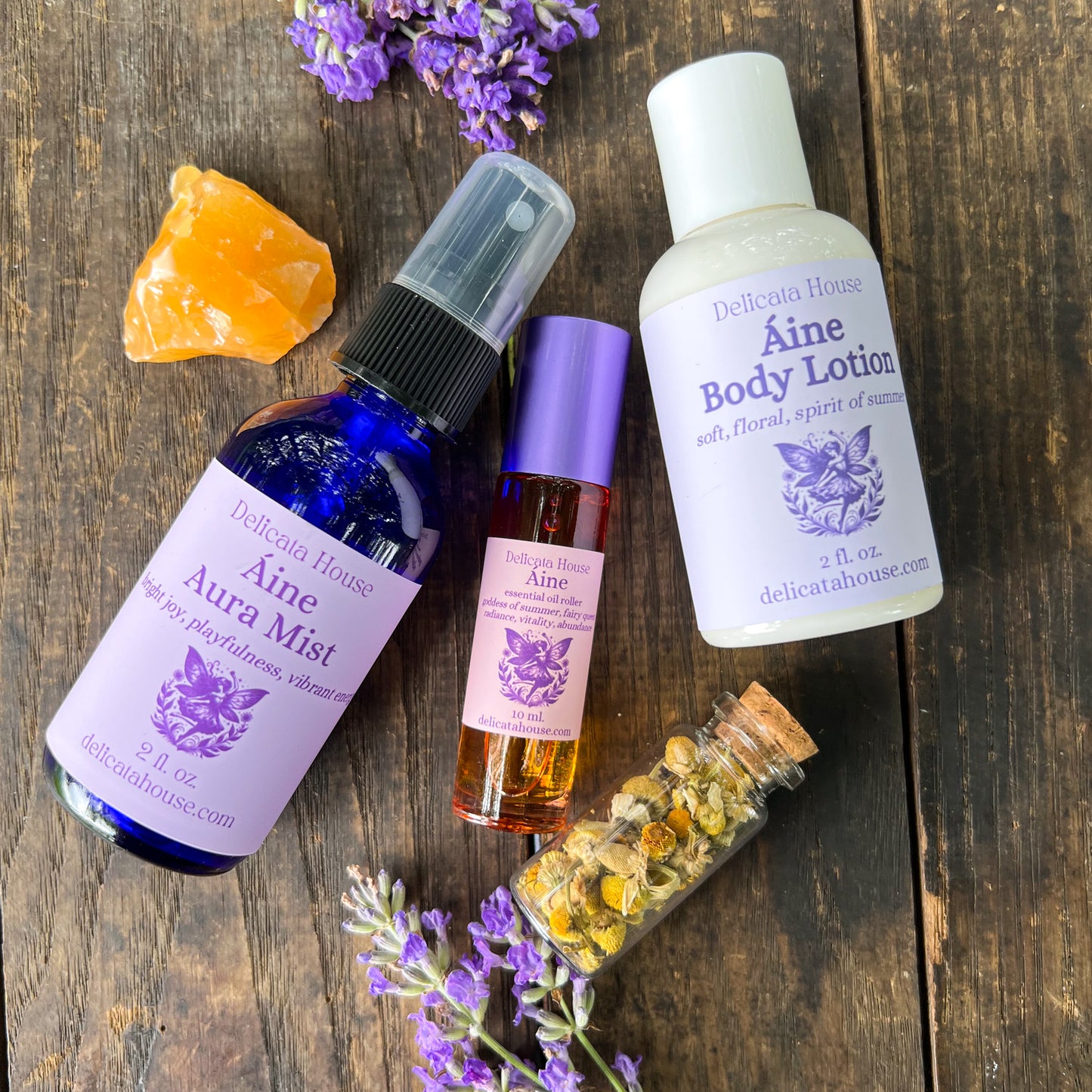 Áine Aromatherapy Set - Áine Goddess Set - Aura Mist, Roller, Body Lotion, Crystal, Herbs -