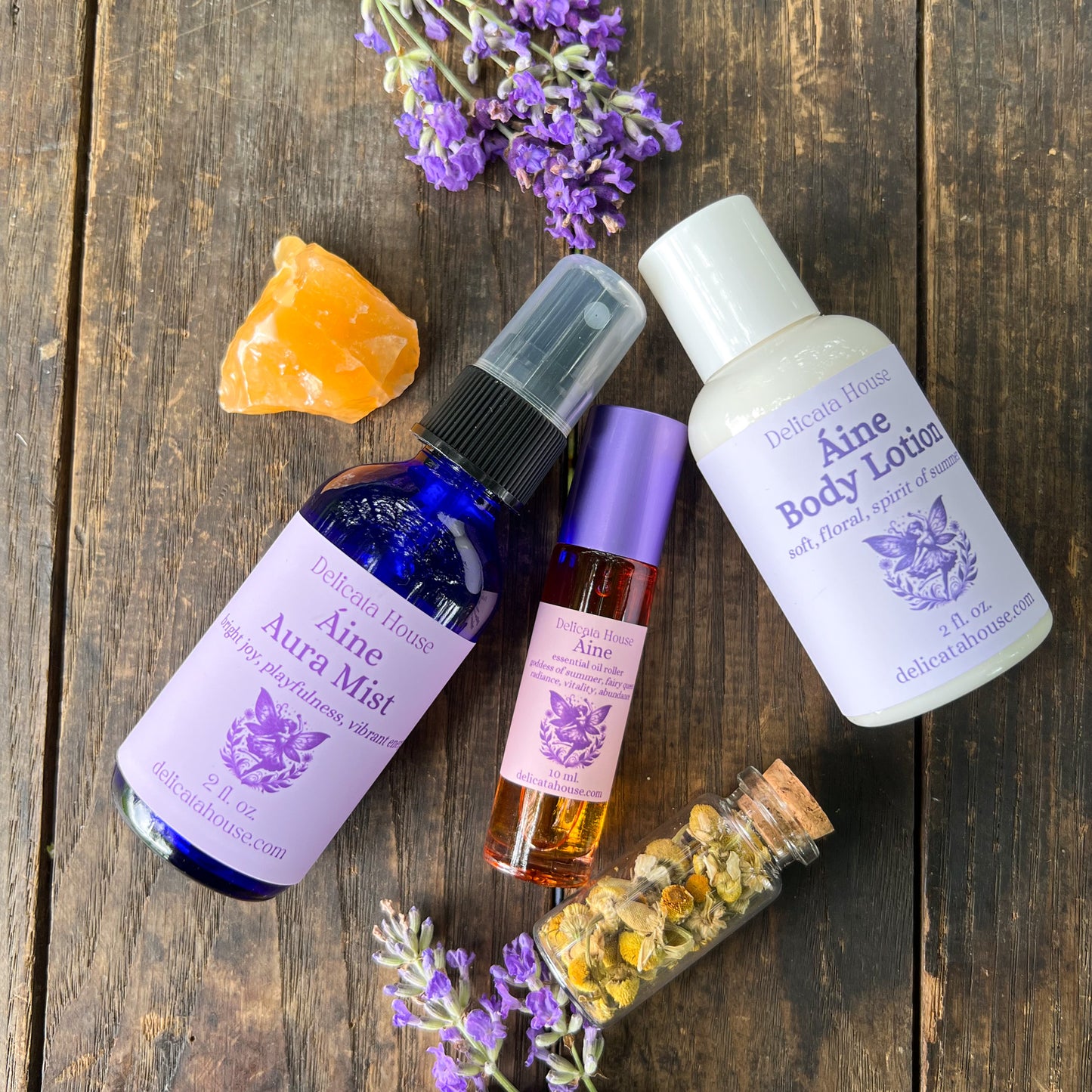 Áine Aromatherapy Set - Áine Goddess Set - Aura Mist, Roller, Body Lotion, Crystal, Herbs -