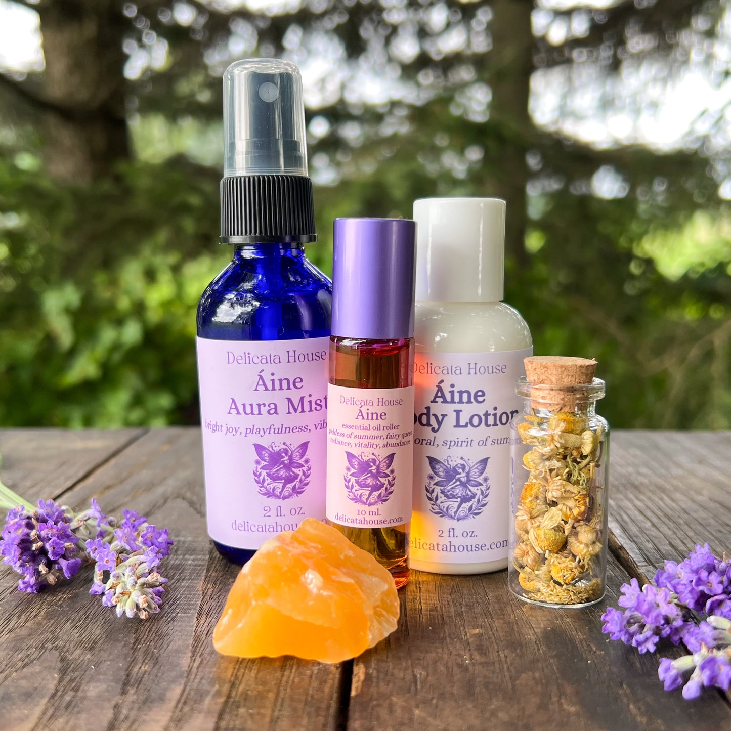 Áine Aromatherapy Set - Áine Goddess Set - Aura Mist, Roller, Body Lotion, Crystal, Herbs -