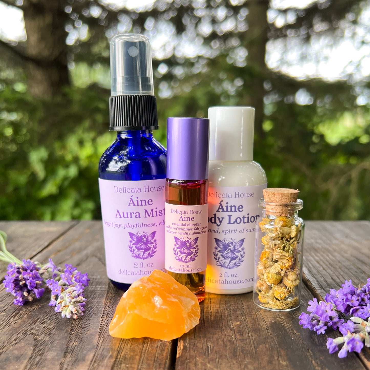 Áine Aromatherapy Set - Áine Goddess Set - Aura Mist, Roller, Body Lotion, Crystal, Herbs -
