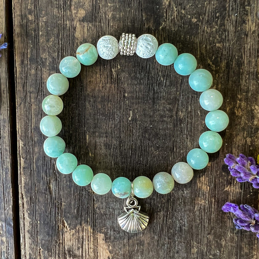 Aphrodite Seashell Charm Bracelet - Amazonite Crystal - Goddess Jewelry - Communication, Courage, Divine Feminine, Balance and Harmony