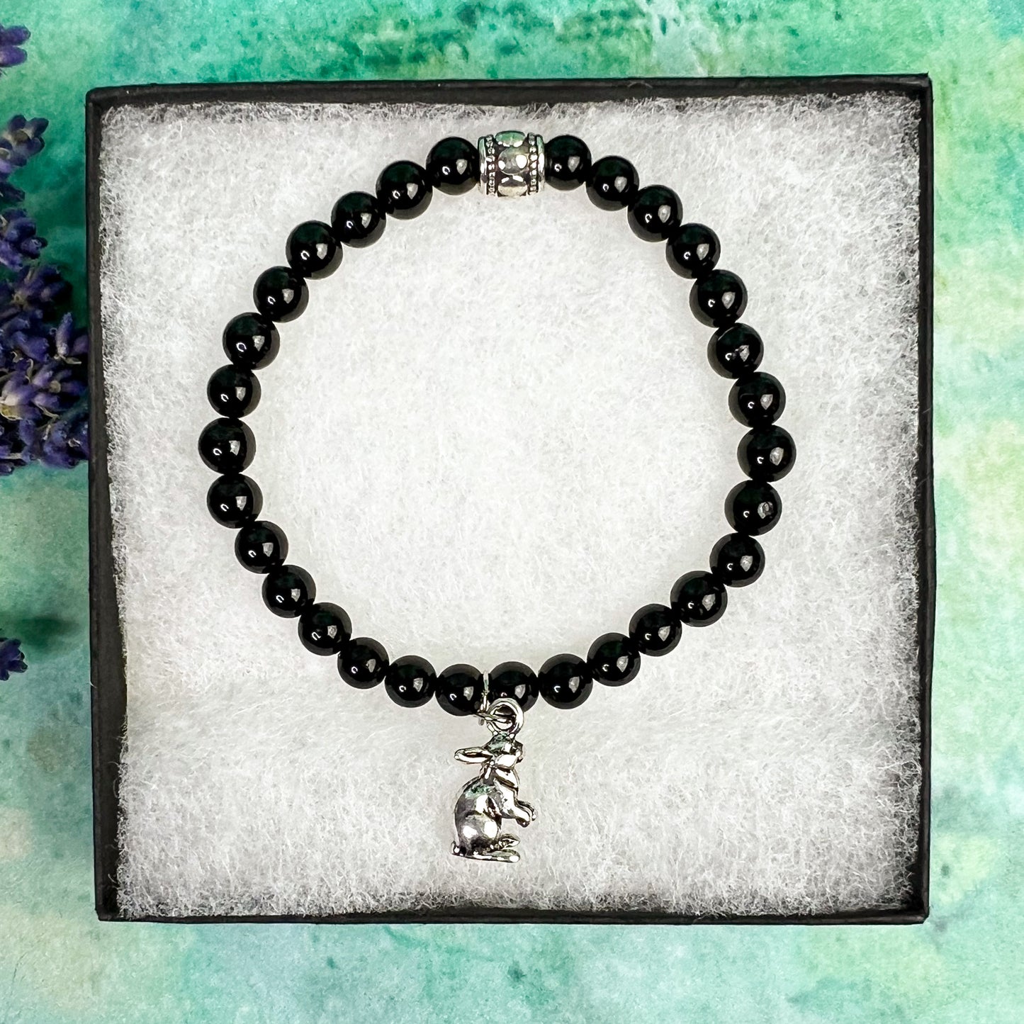 Dark Moon Rabbit Charm Bracelet - Rabbit Charm Black Tourmaline Bead Bracelet