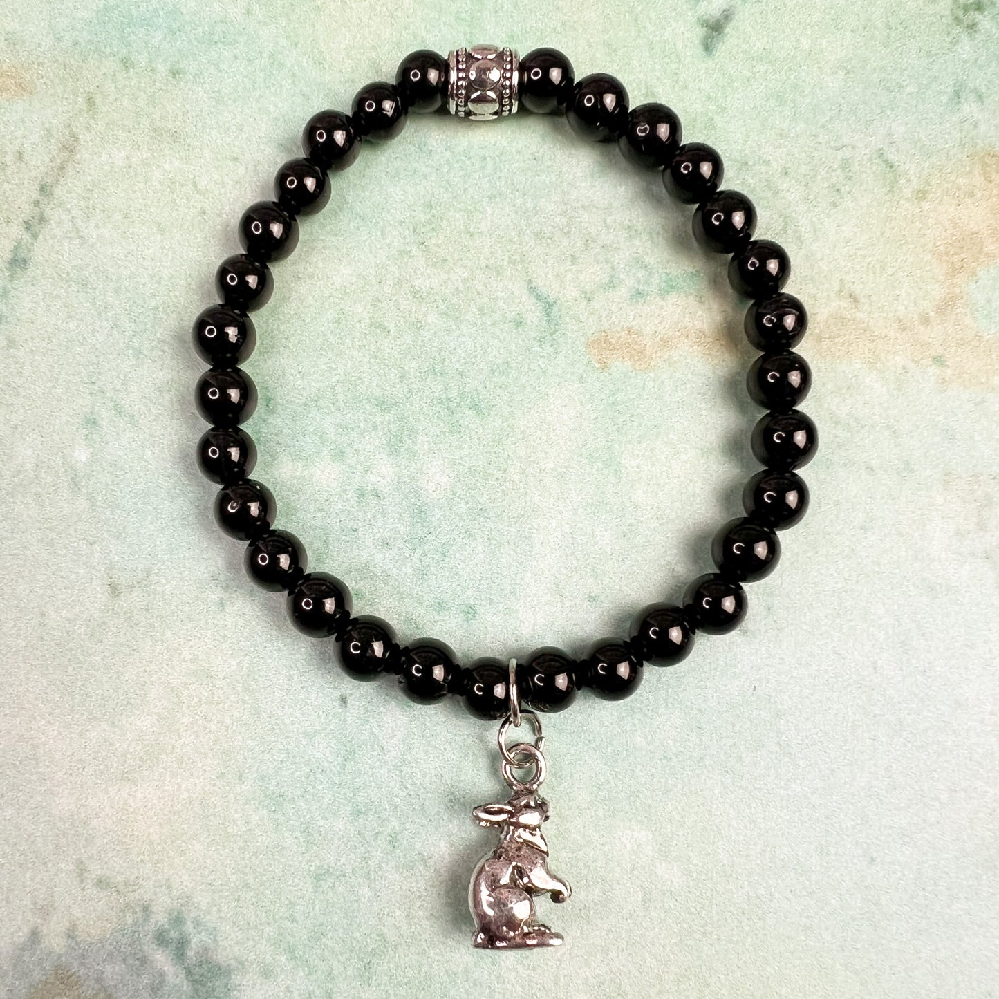 Dark Moon Rabbit Charm Bracelet - Rabbit Charm Black Tourmaline Bead Bracelet