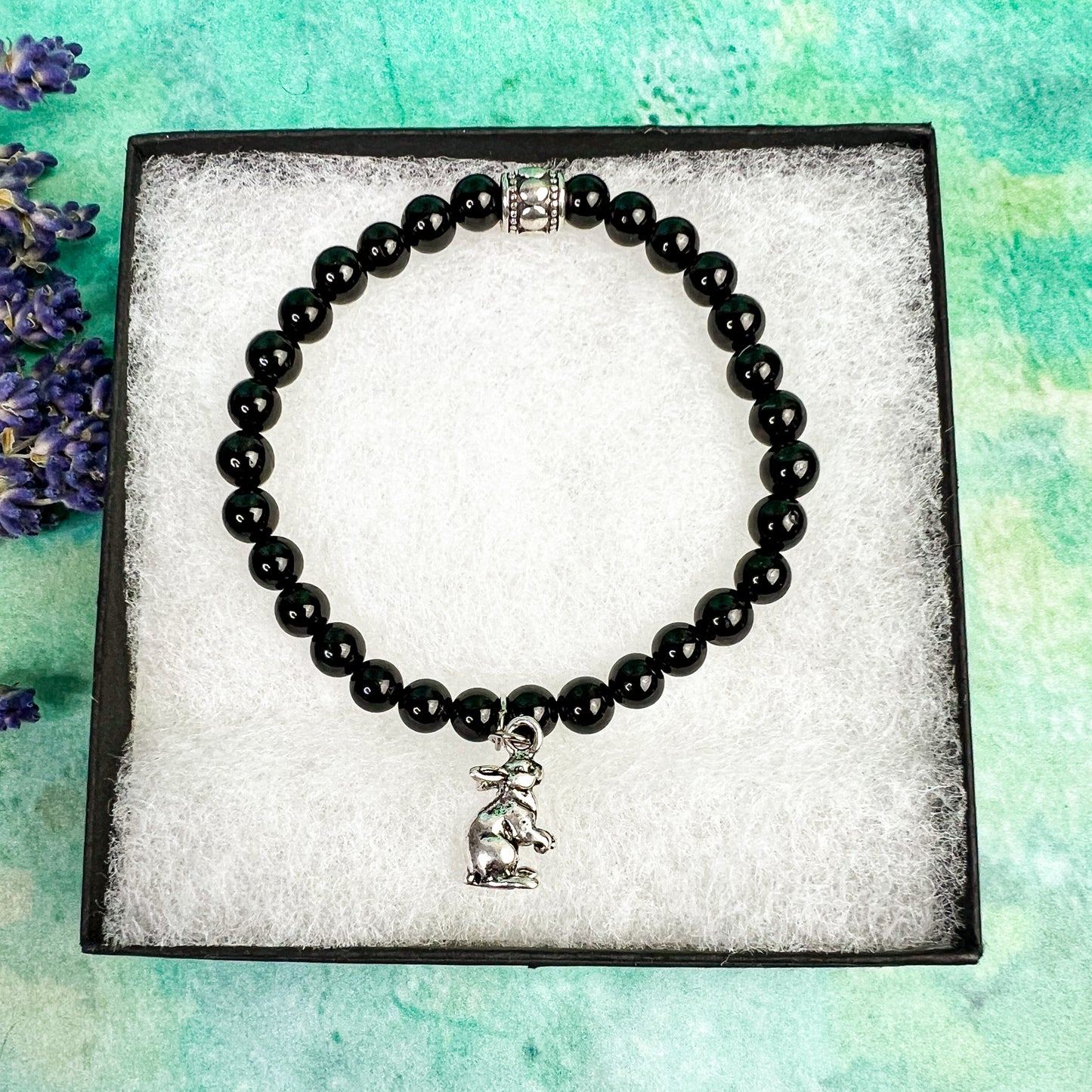 Dark Moon Rabbit Charm Bracelet - Rabbit Charm Black Tourmaline Bead Bracelet