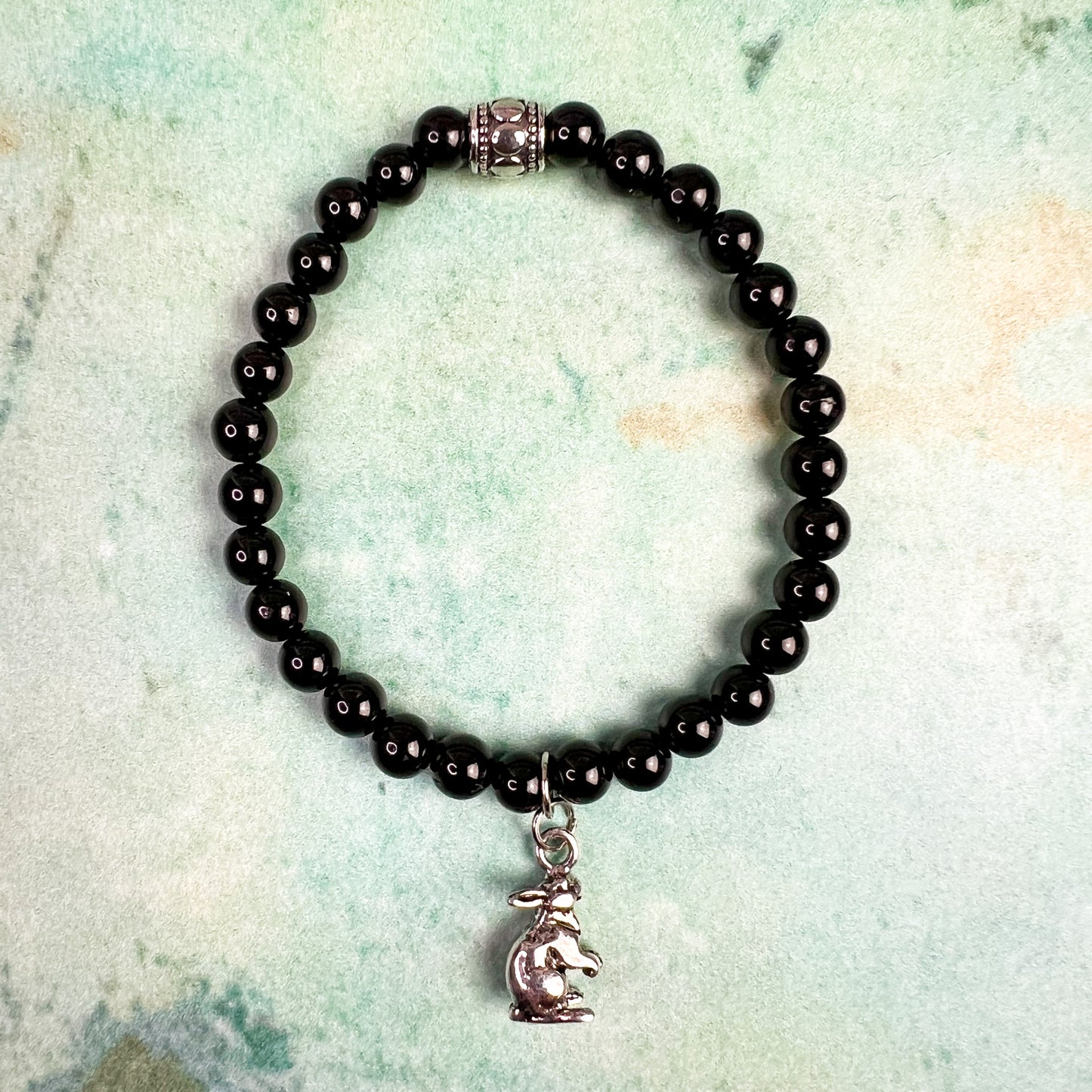 Dark Moon Rabbit Charm Bracelet - Rabbit Charm Black Tourmaline Bead Bracelet