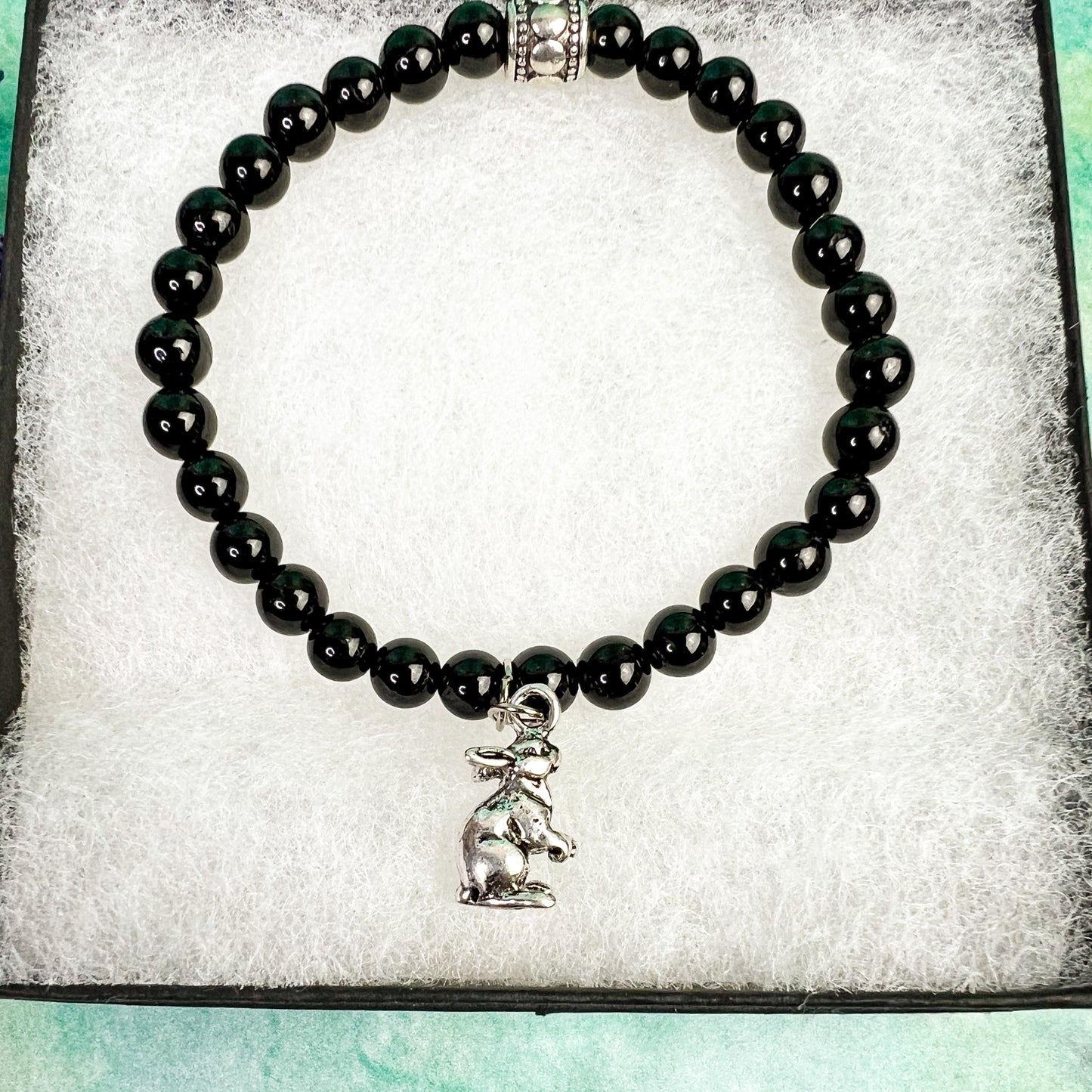 Dark Moon Rabbit Charm Bracelet - Rabbit Charm Black Tourmaline Bead Bracelet