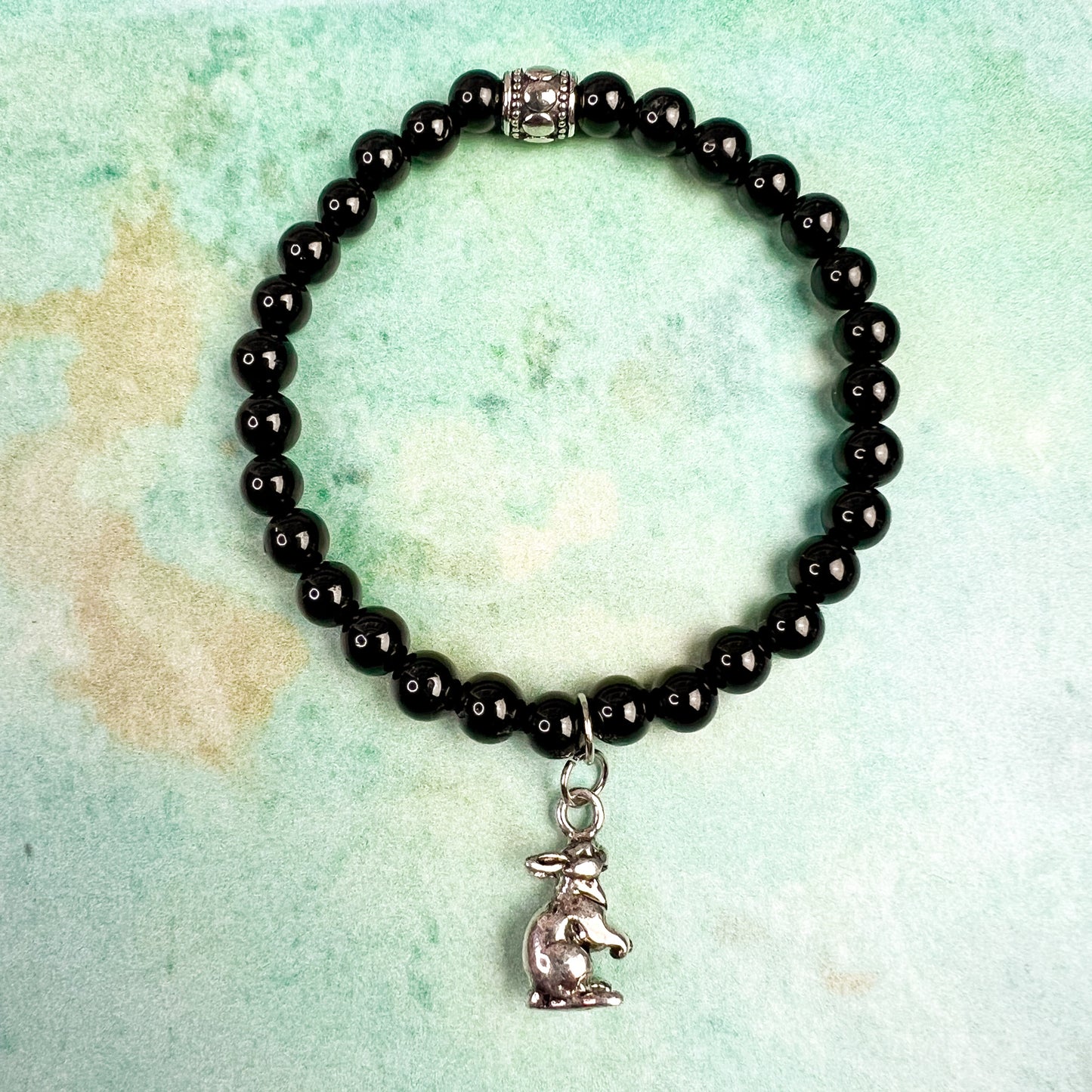 Dark Moon Rabbit Charm Bracelet - Rabbit Charm Black Tourmaline Bead Bracelet