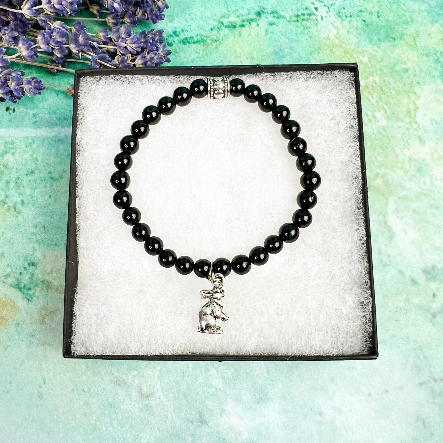 Dark Moon Rabbit Charm Bracelet - Rabbit Charm Black Tourmaline Bead Bracelet