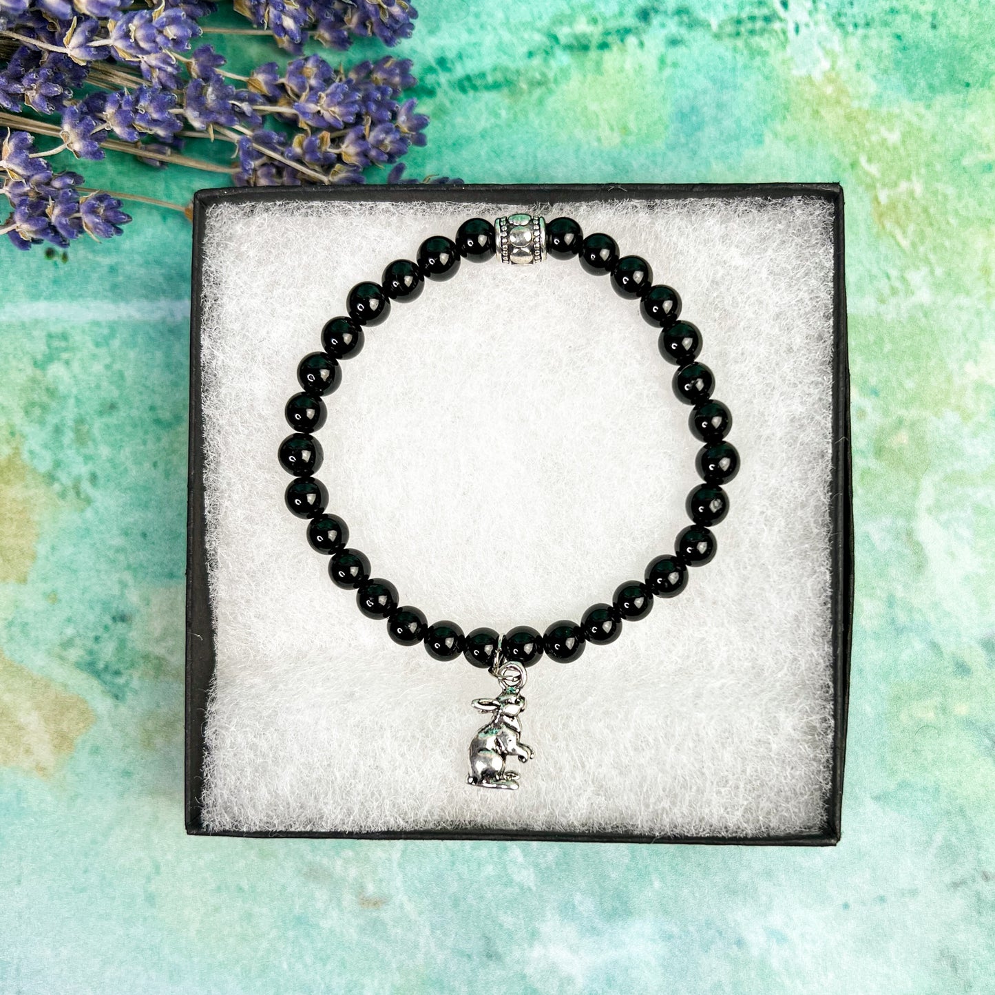 Dark Moon Rabbit Charm Bracelet - Rabbit Charm Black Tourmaline Bead Bracelet