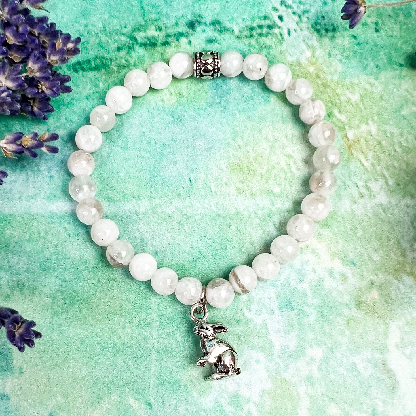 Moon Rabbit Charm Bracelet - Rabbit Charm Moonstone Bead Bracelet