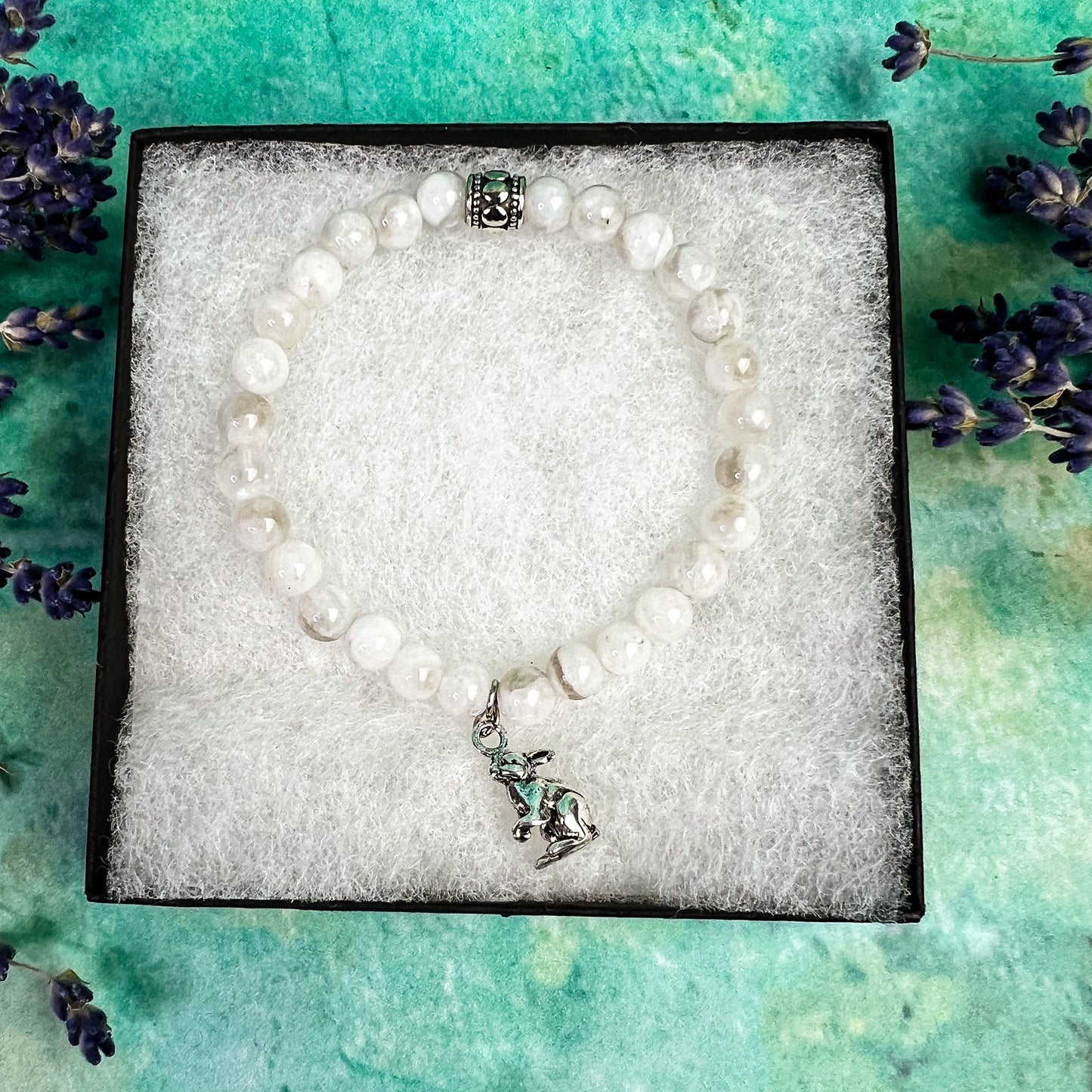 Moon Rabbit Charm Bracelet - Rabbit Charm Moonstone Bead Bracelet