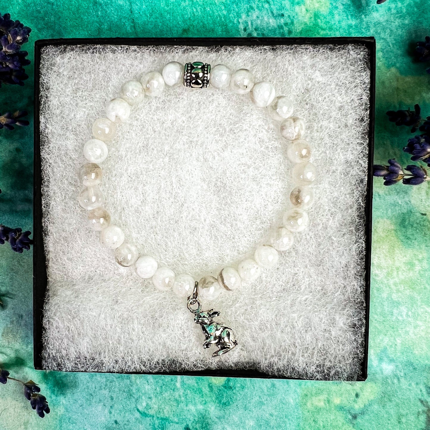 Moon Rabbit Charm Bracelet - Rabbit Charm Moonstone Bead Bracelet