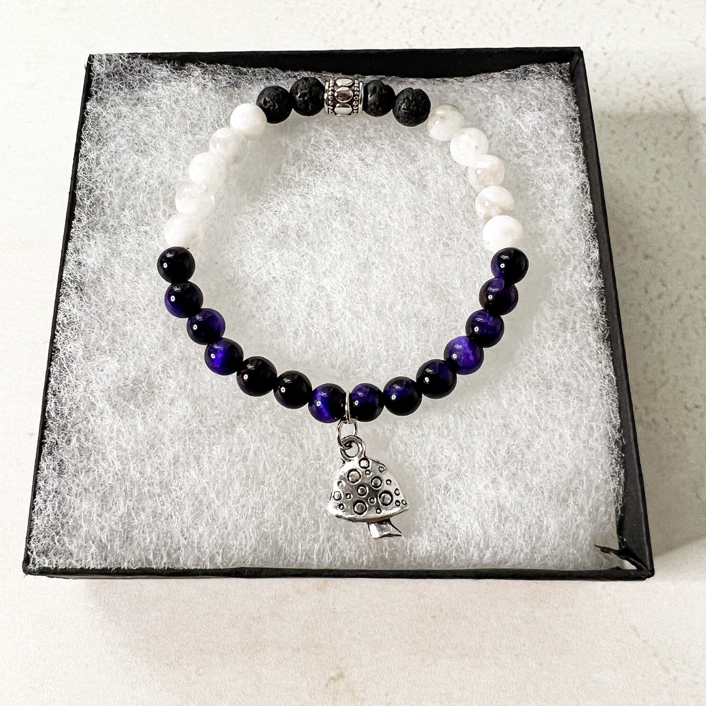 Aromatherapy Diffuser Bracelet - Mushroom Charm Bracelet - Mushroom Lover Gift - Purple Cat's Eye Bracelet - Mushroom Charm Bracelet
