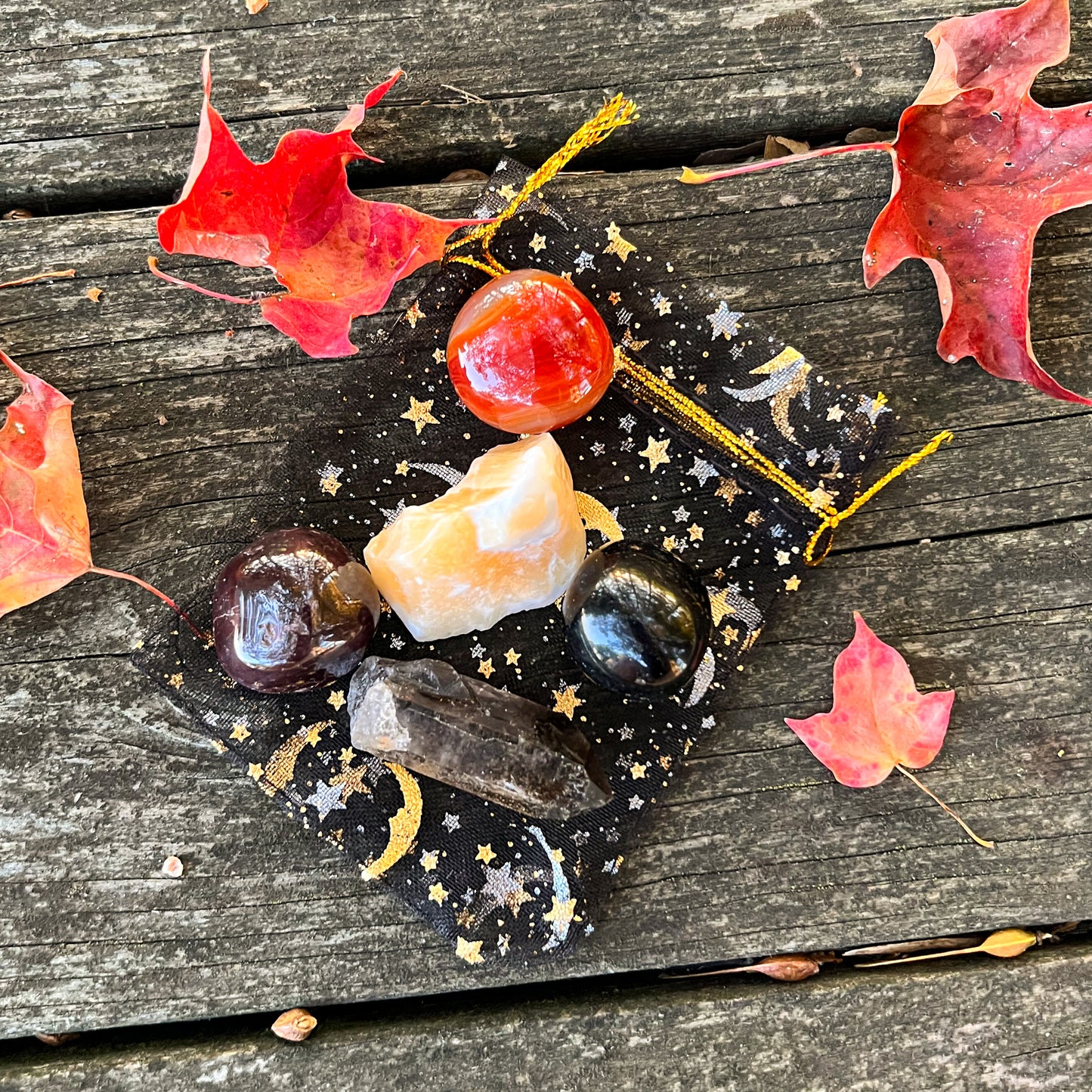 Halloween Crystal Set - Grounding Crystal Set - Protection Crystals - Sardonyx- Smoky Quartz - Obsidian - Garnet - Orange Calcite