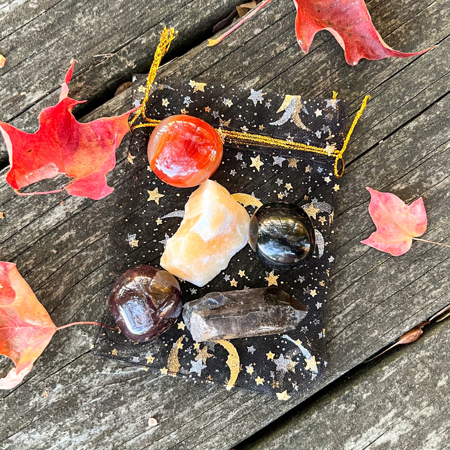 Halloween Crystal Set - Grounding Crystal Set - Protection Crystals - Sardonyx- Smoky Quartz - Obsidian - Garnet - Orange Calcite