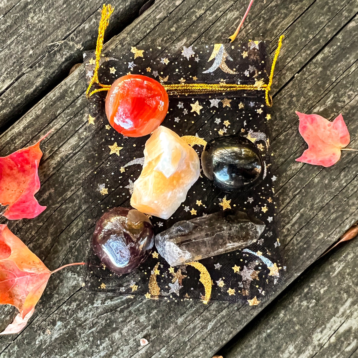Halloween Crystal Set - Grounding Crystal Set - Protection Crystals - Sardonyx- Smoky Quartz - Obsidian - Garnet - Orange Calcite