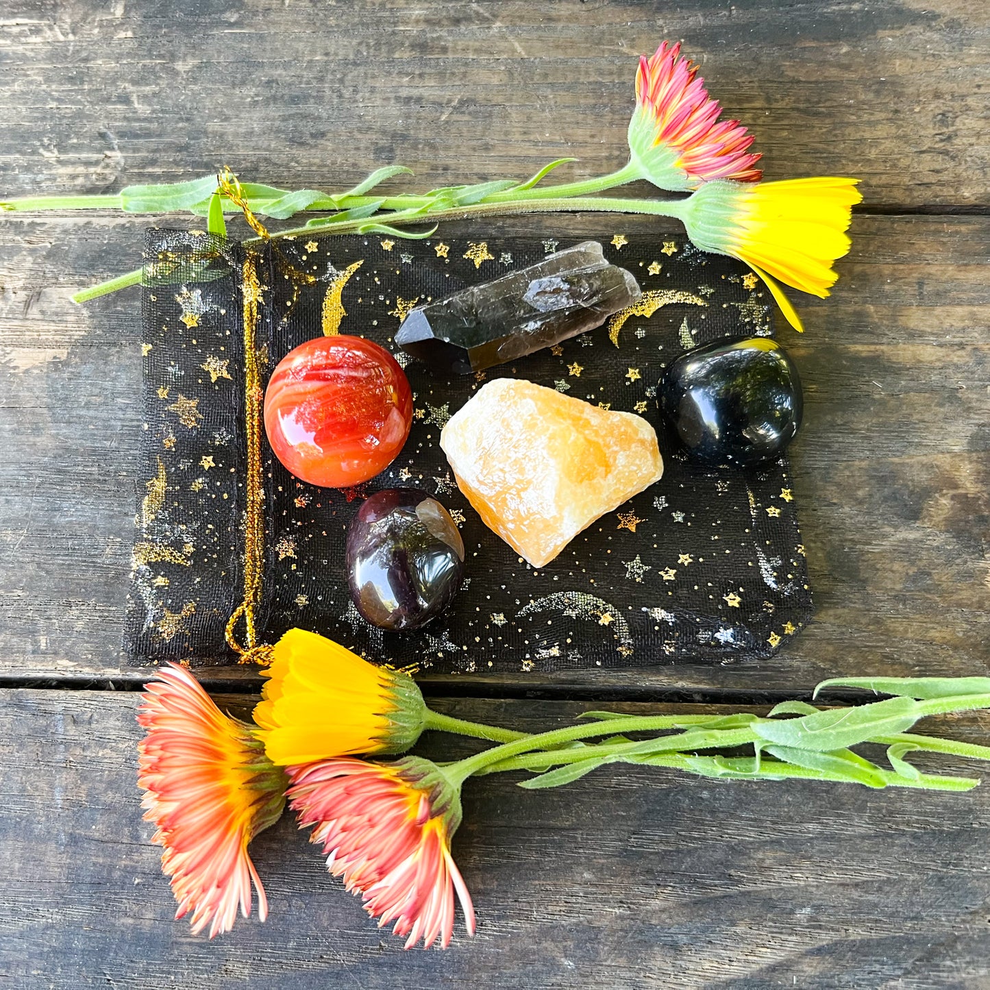 Halloween Crystal Set - Grounding Crystal Set - Protection Crystals - Sardonyx- Smoky Quartz - Obsidian - Garnet - Orange Calcite
