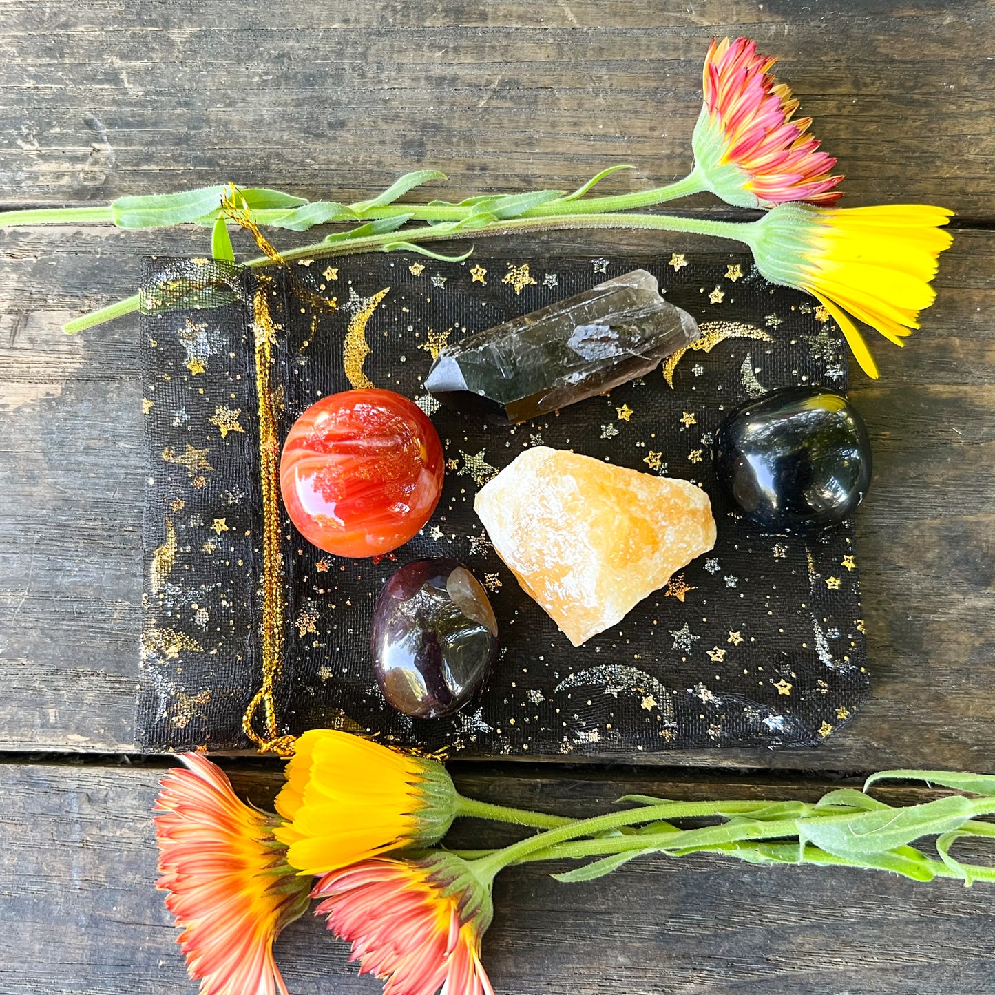 Halloween Crystal Set - Grounding Crystal Set - Protection Crystals - Sardonyx- Smoky Quartz - Obsidian - Garnet - Orange Calcite