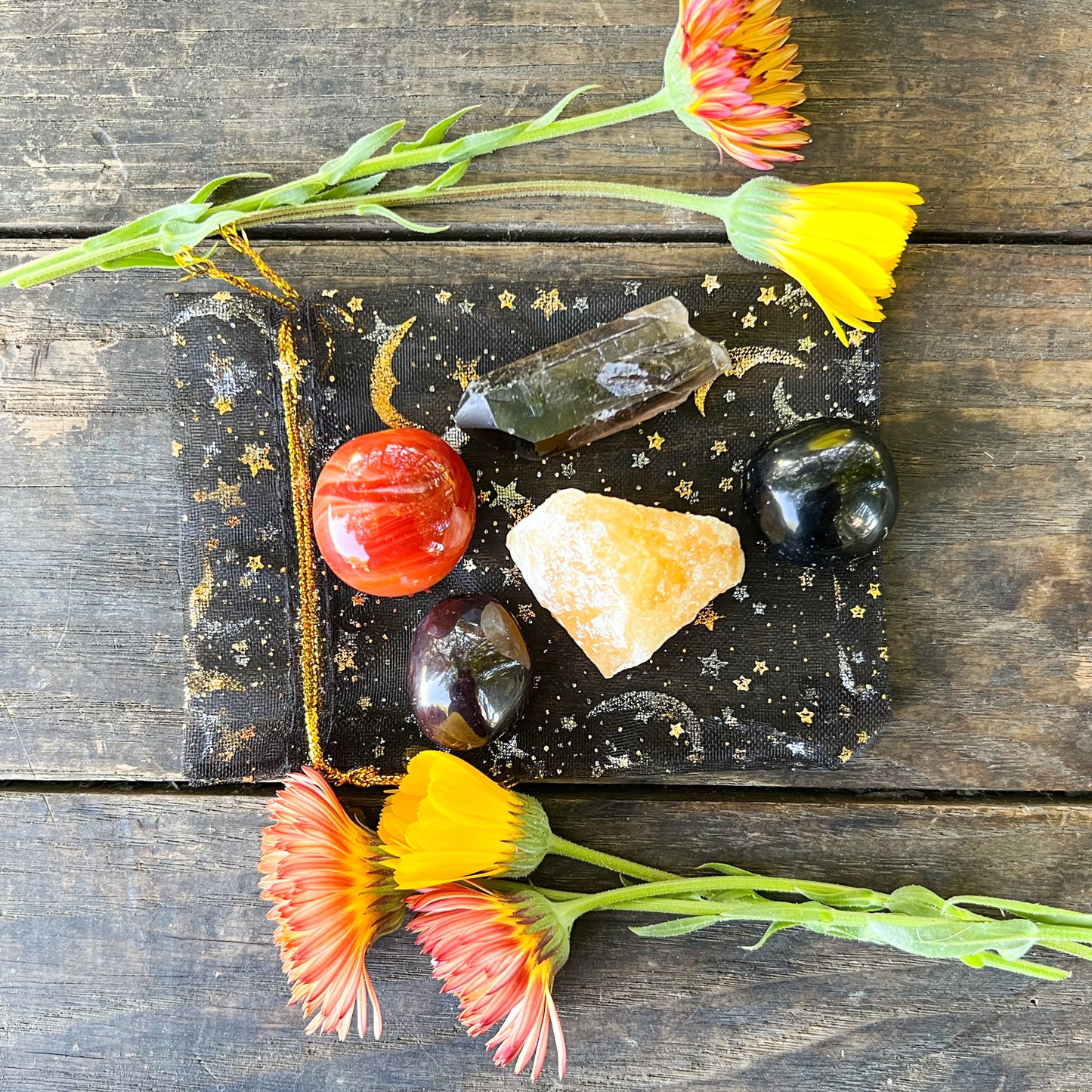 Halloween Crystal Set - Grounding Crystal Set - Protection Crystals - Sardonyx- Smoky Quartz - Obsidian - Garnet - Orange Calcite