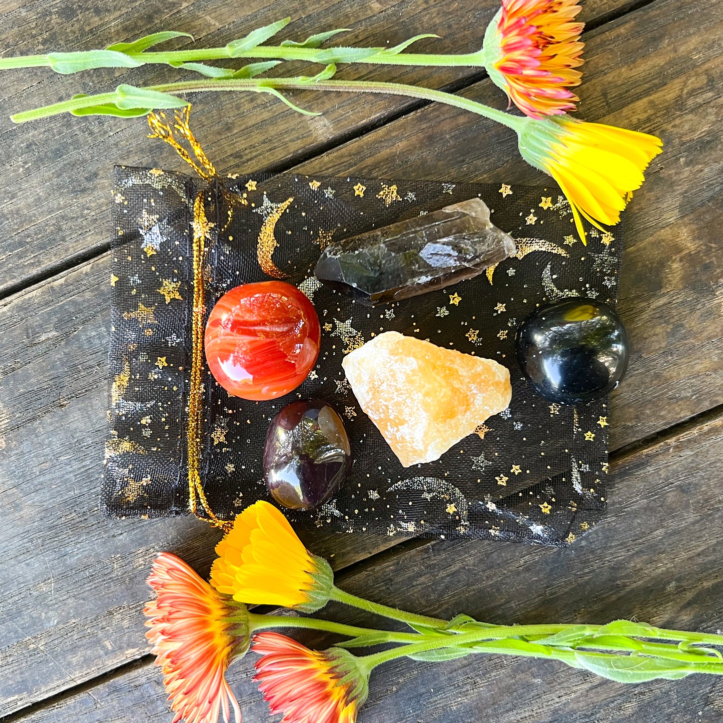 Halloween Crystal Set - Grounding Crystal Set - Protection Crystals - Sardonyx- Smoky Quartz - Obsidian - Garnet - Orange Calcite