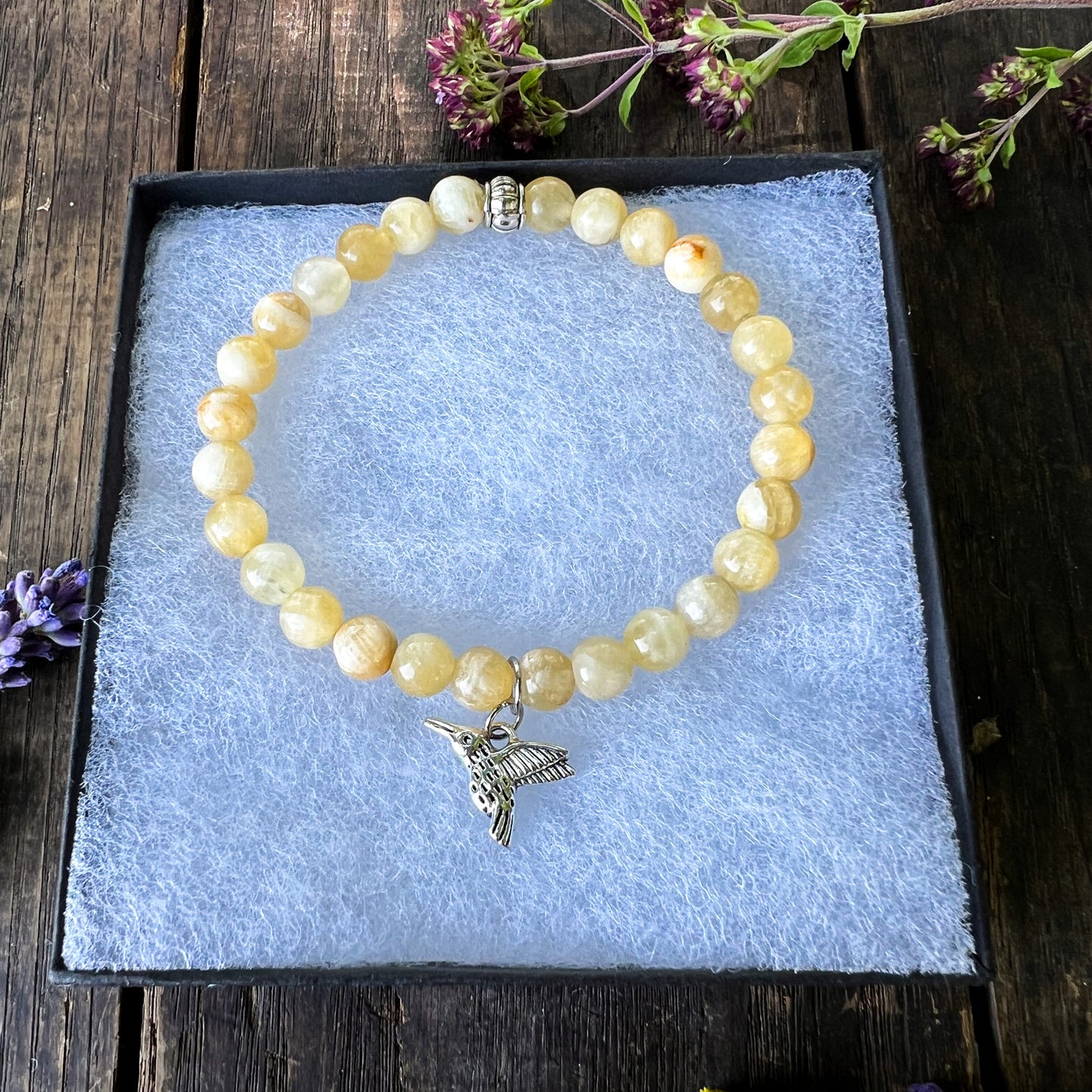 Hummingbird Charm Bracelet - Honey Calcite Crystal - Freedom, Courage, Healing, Good Luck, Beauty, Joy