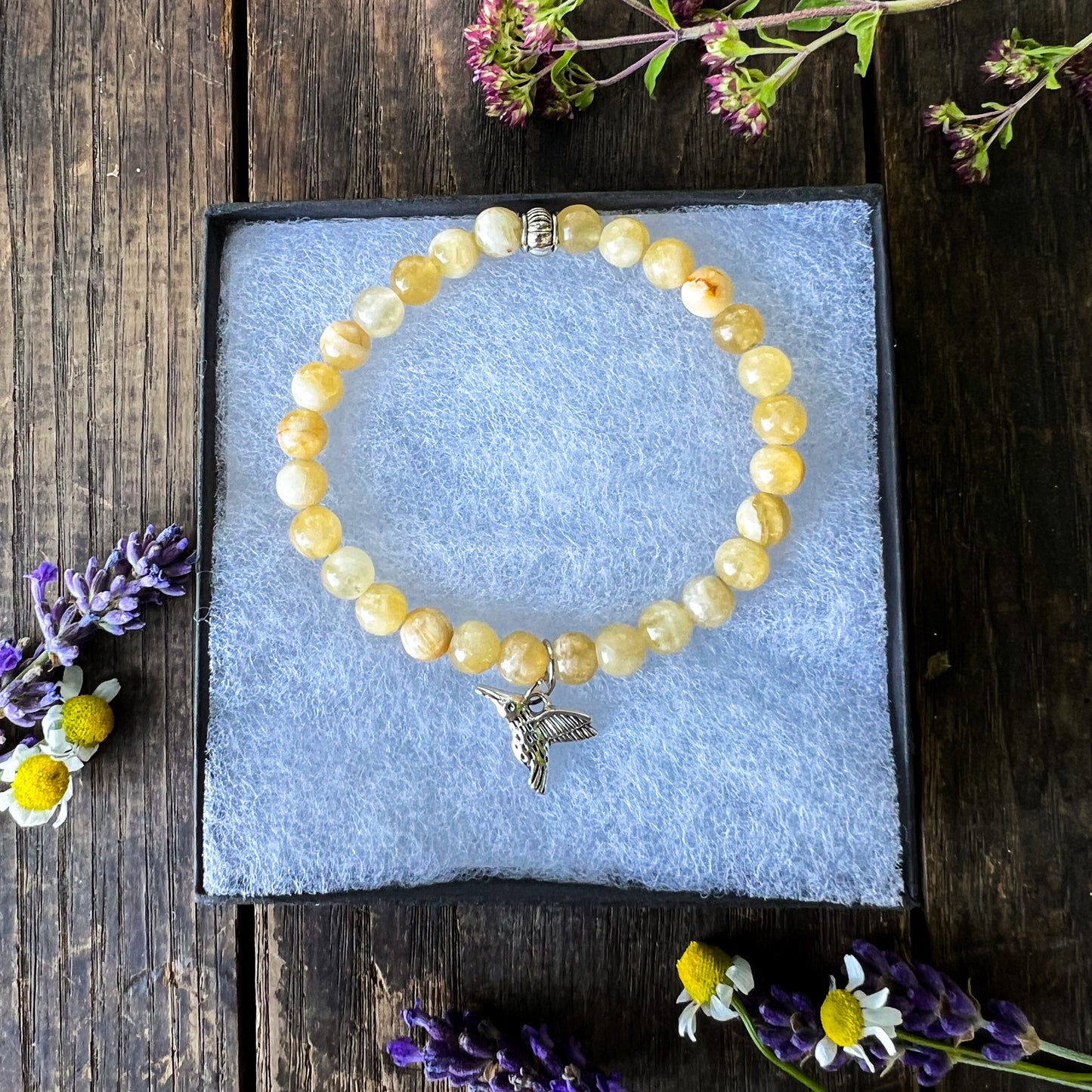 Hummingbird Charm Bracelet - Honey Calcite Crystal - Freedom, Courage, Healing, Good Luck, Beauty, Joy