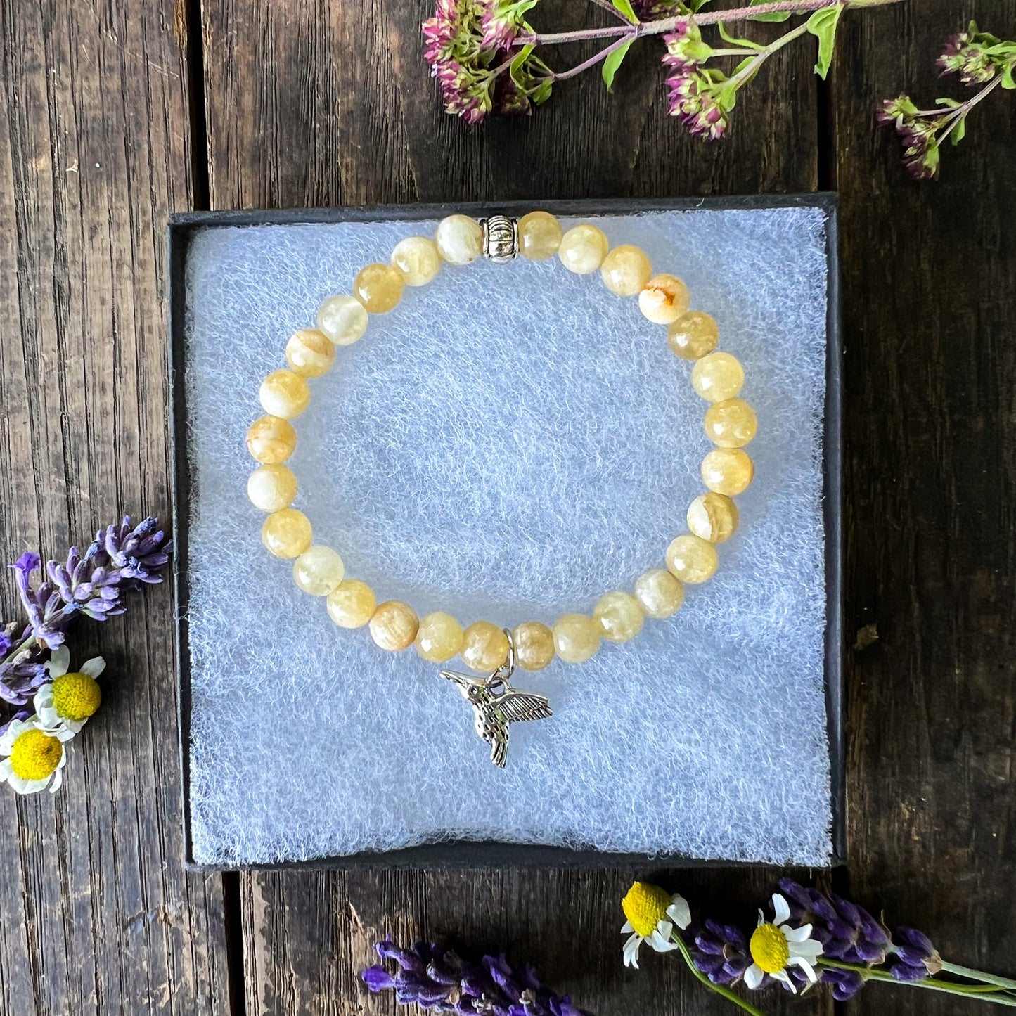 Hummingbird Charm Bracelet - Honey Calcite Crystal - Freedom, Courage, Healing, Good Luck, Beauty, Joy