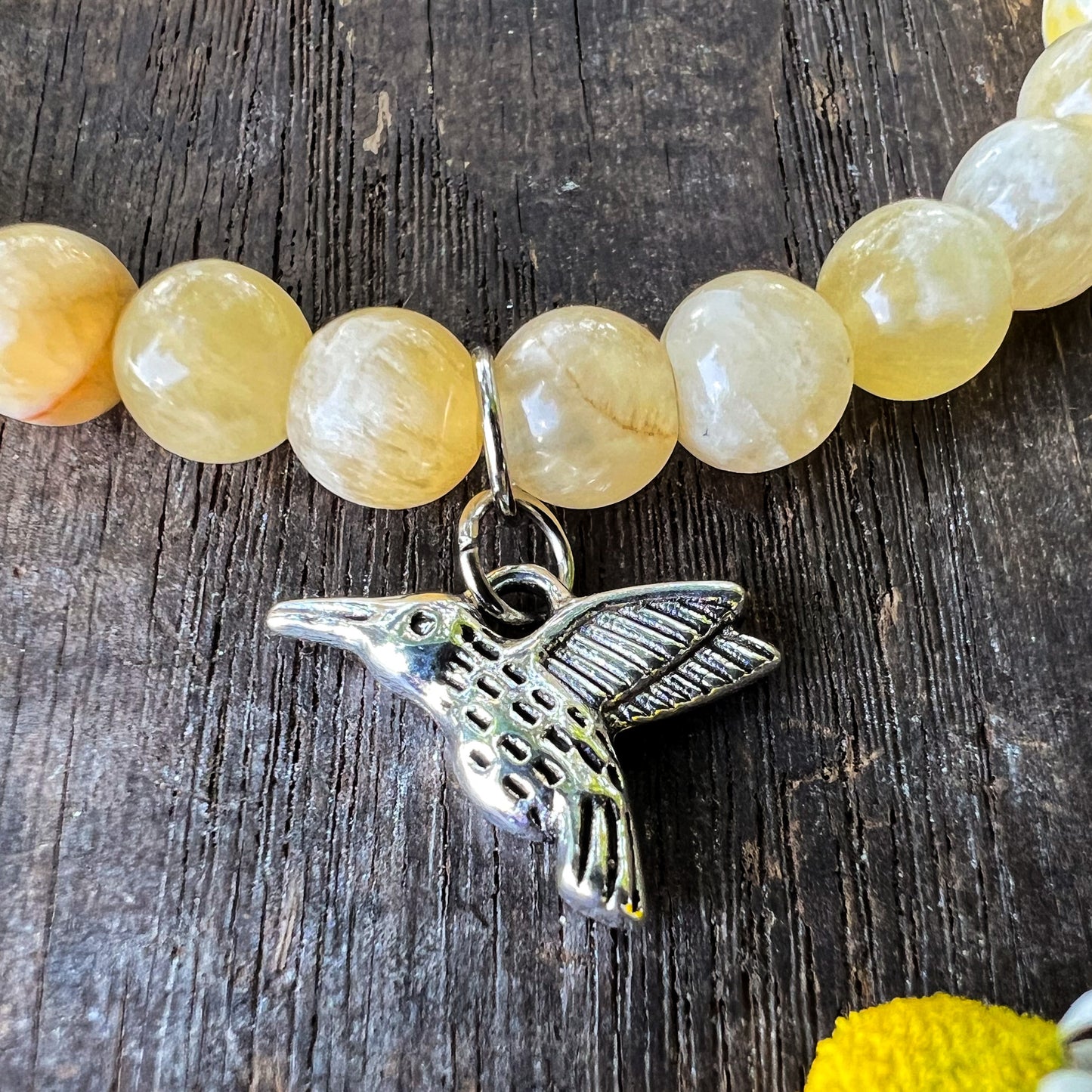 Hummingbird Charm Bracelet - Honey Calcite Crystal - Freedom, Courage, Healing, Good Luck, Beauty, Joy