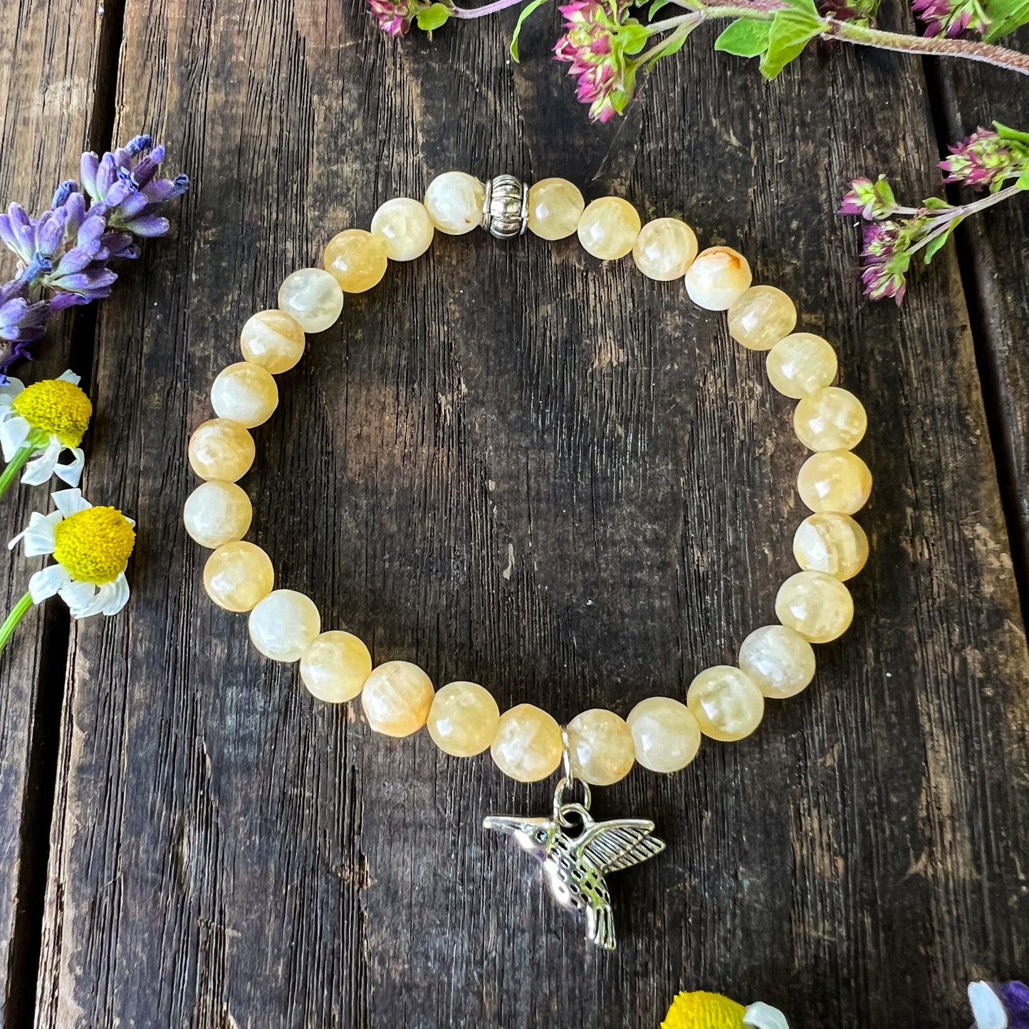 Hummingbird Charm Bracelet - Honey Calcite Crystal - Freedom, Courage, Healing, Good Luck, Beauty, Joy