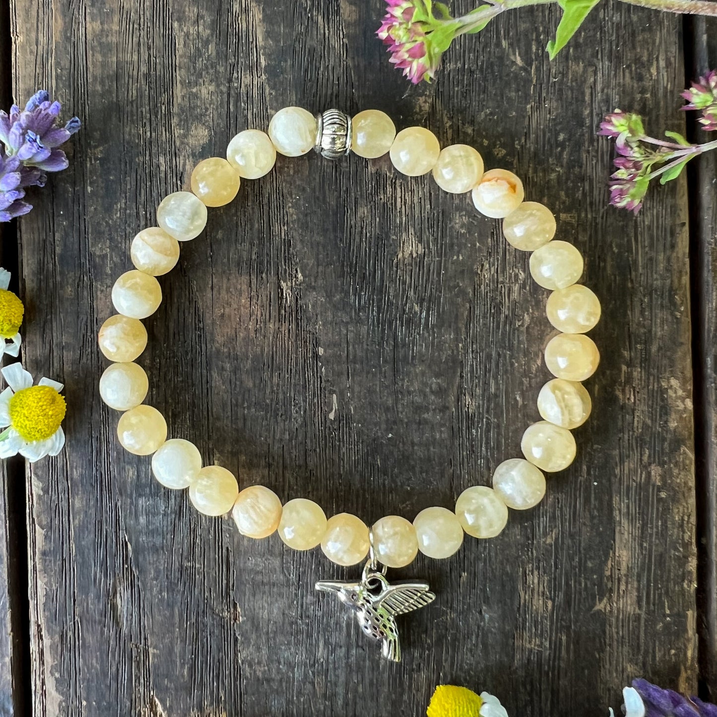 Hummingbird Charm Bracelet - Honey Calcite Crystal - Freedom, Courage, Healing, Good Luck, Beauty, Joy