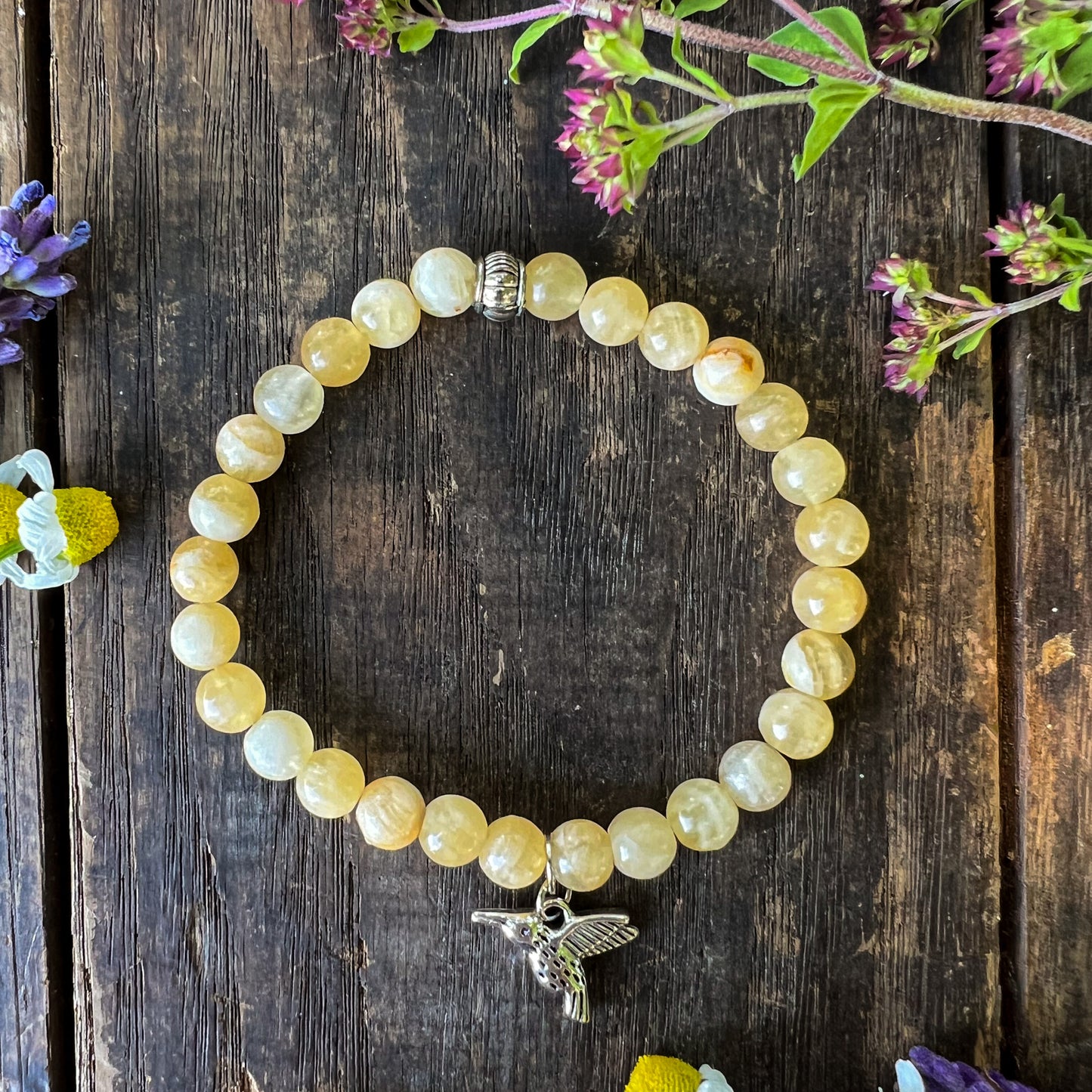 Hummingbird Charm Bracelet - Honey Calcite Crystal - Freedom, Courage, Healing, Good Luck, Beauty, Joy