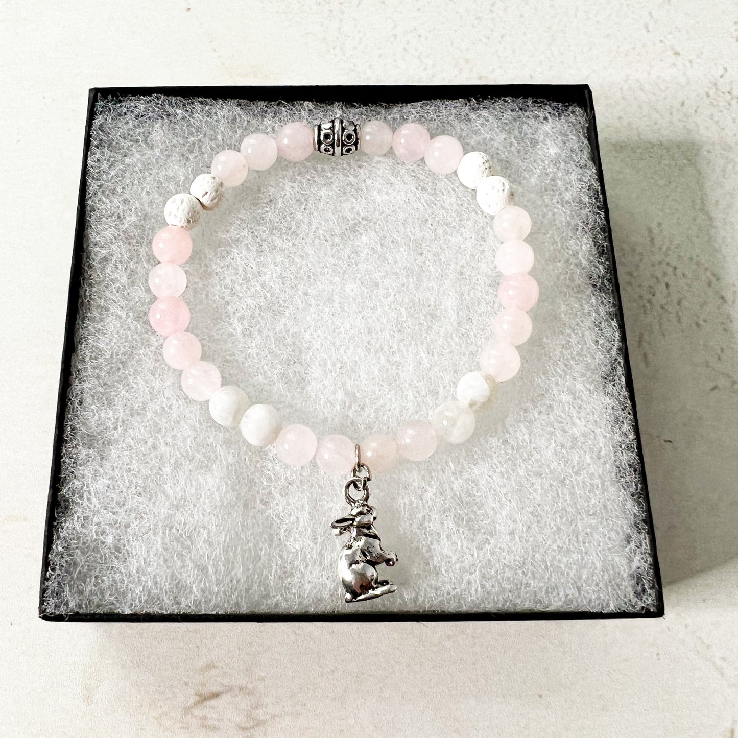 Rabbit Diffuser Bracelet - Rabbit Charm Bracelet - Bunny Charm Diffuser Bracelet - Rose Quartz Bead Bracelet