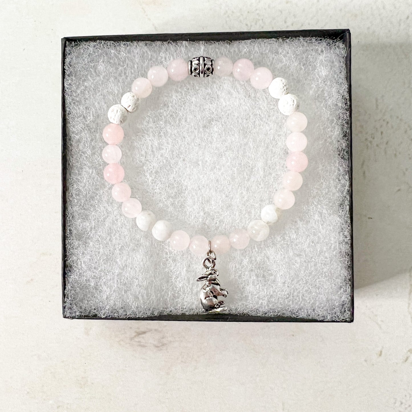 Rabbit Diffuser Bracelet - Rabbit Charm Bracelet - Bunny Charm Diffuser Bracelet - Rose Quartz Bead Bracelet