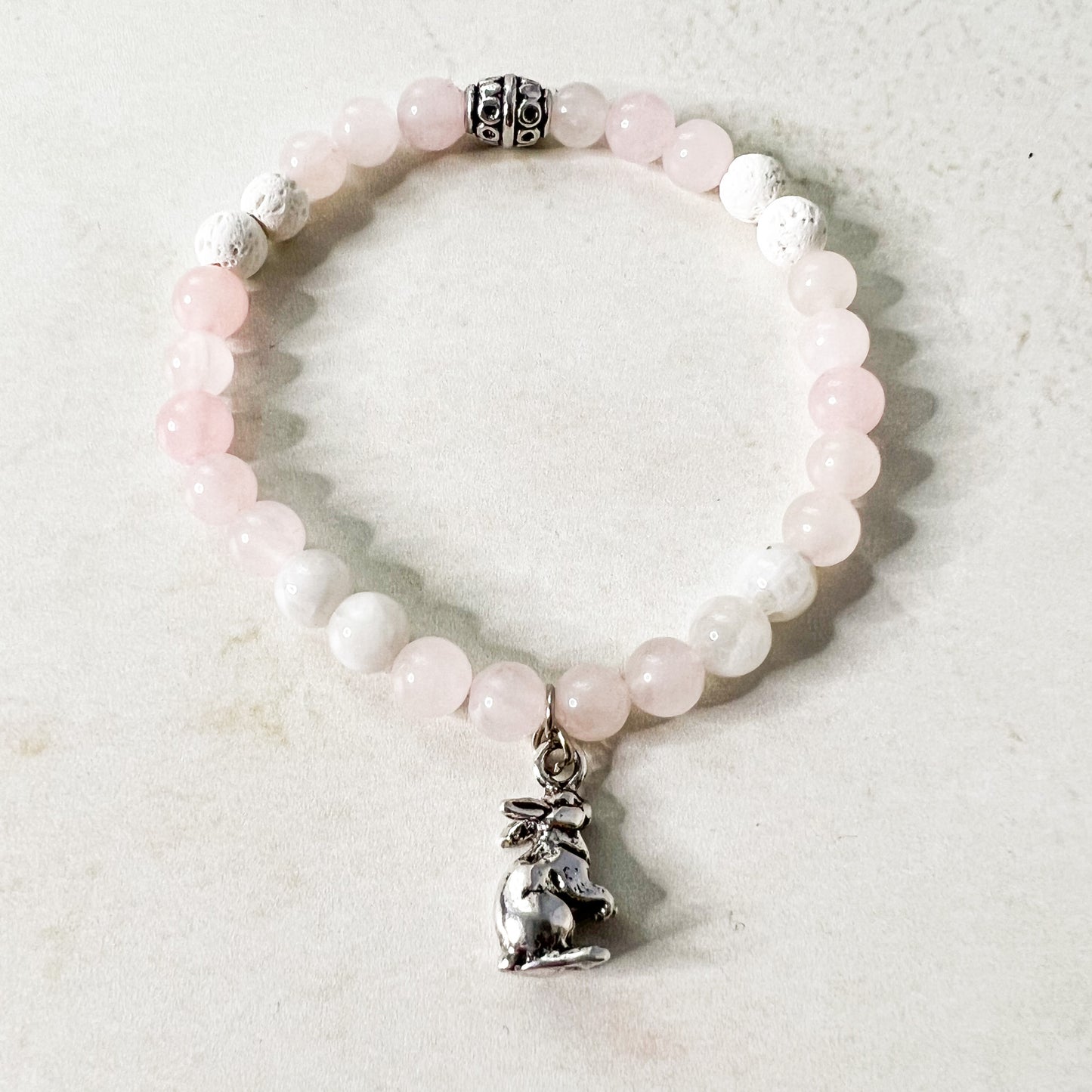Rabbit Diffuser Bracelet - Rabbit Charm Bracelet - Bunny Charm Diffuser Bracelet - Rose Quartz Bead Bracelet