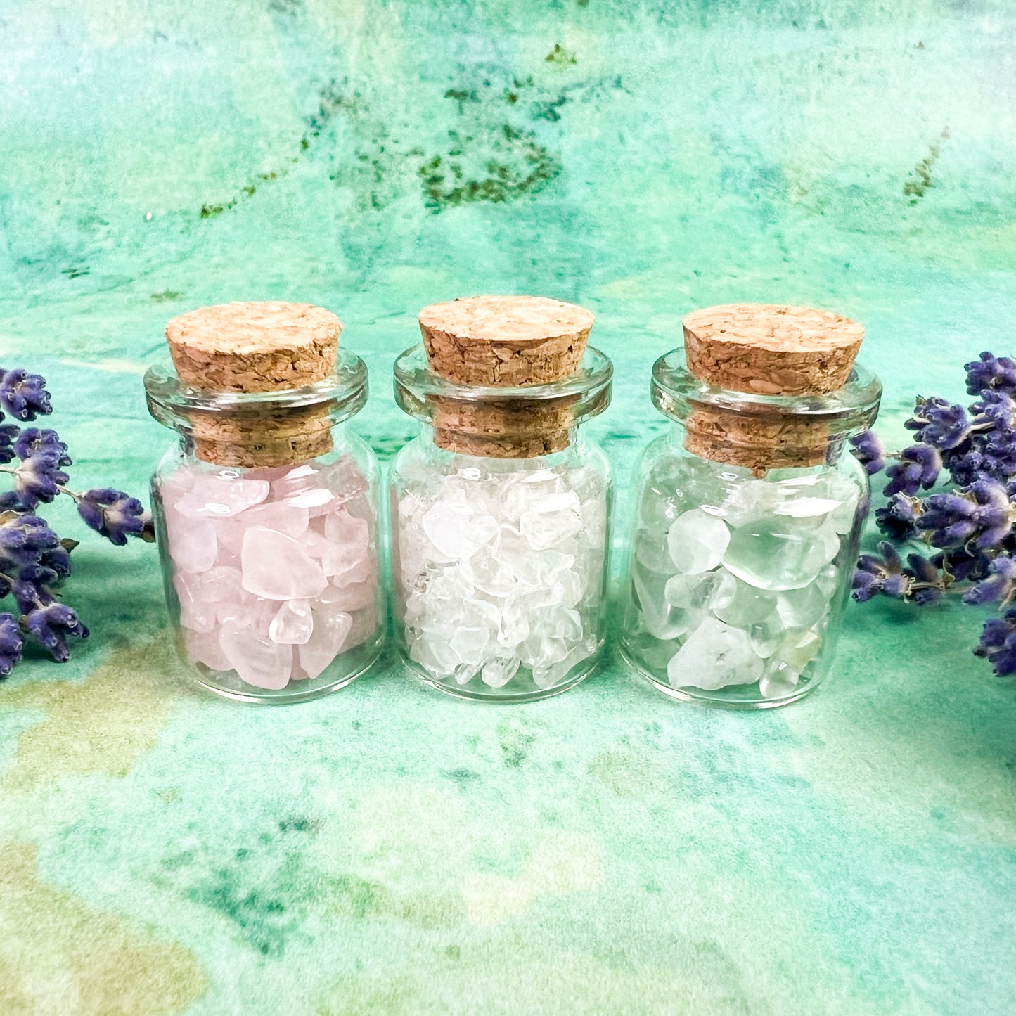 Spring Crystal Wish Jar Trio - Wishing Jars - Rose Quartz, Clear Quartz & Green Fluorite