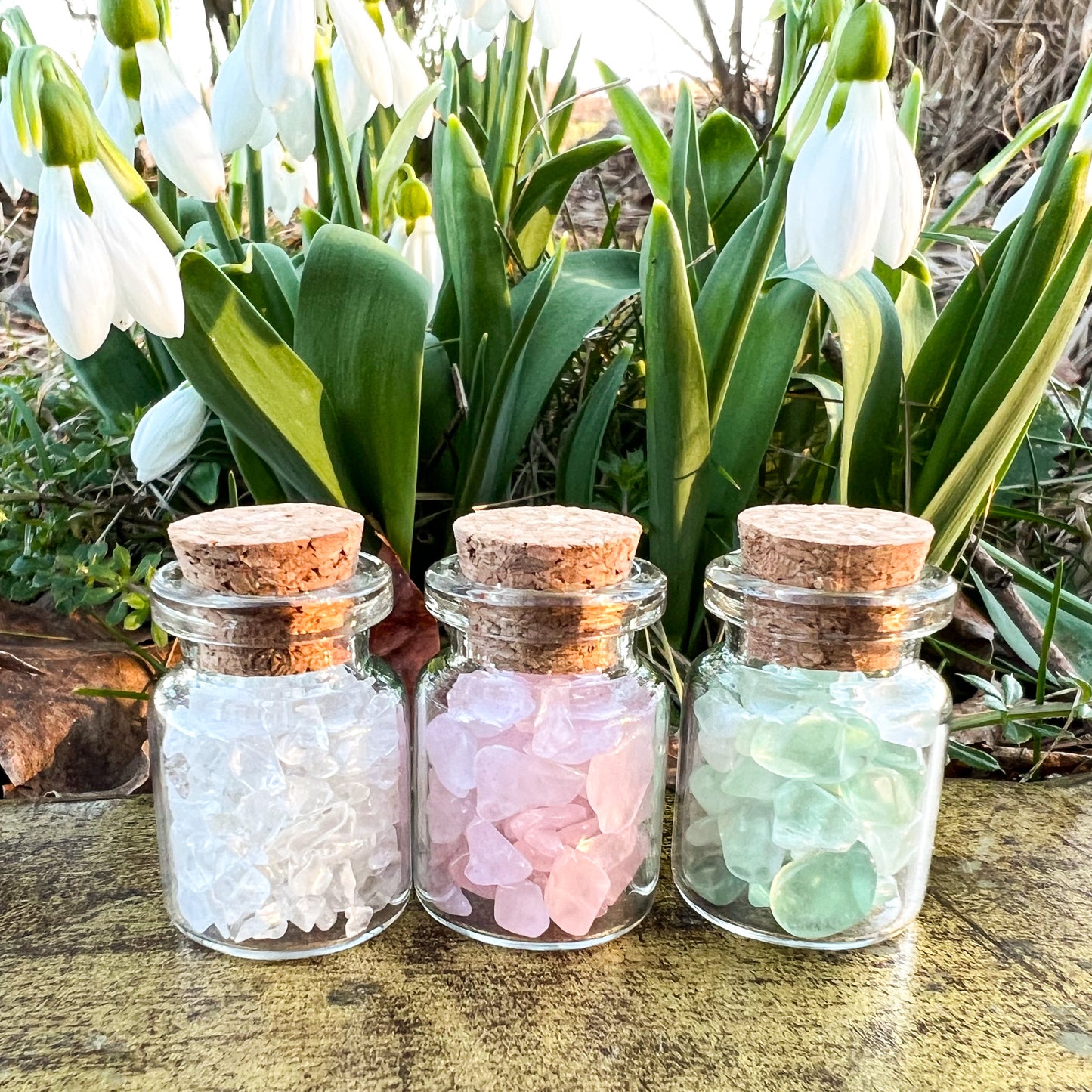 Spring Crystal Wish Jar Trio - Wishing Jars - Rose Quartz, Clear Quartz & Green Fluorite