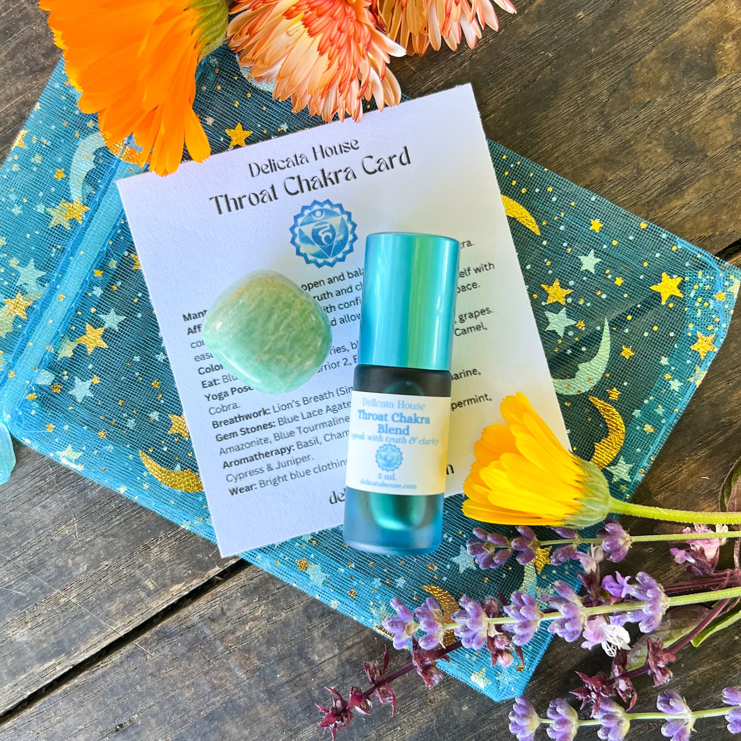 Throat Chakra Set - 5th Chakra Healing - Throat Chakra Roller Bottle and Amazonite Gem Stone - 5th Chakra Balancing - Aromatherapy for Throat Chakra -