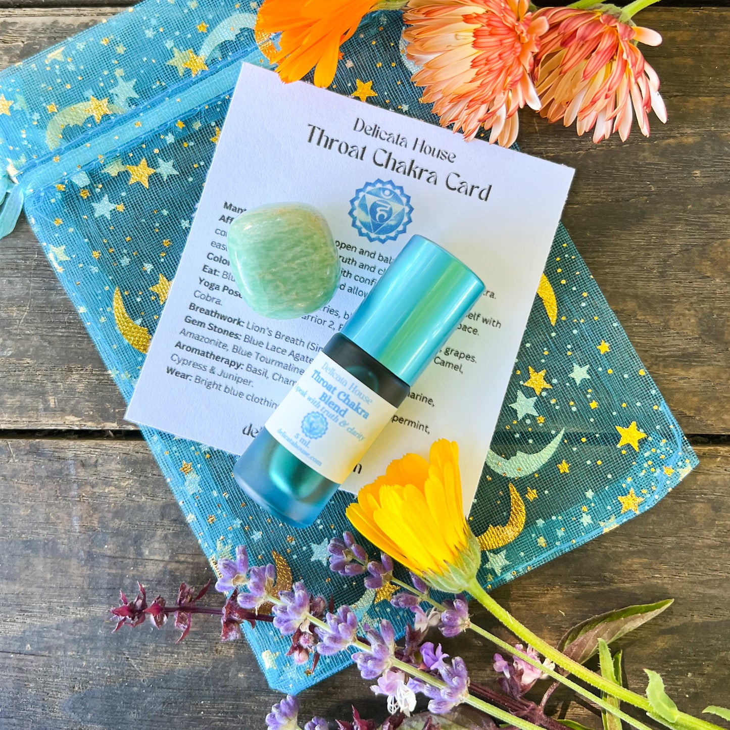 Throat Chakra Set - 5th Chakra Healing - Throat Chakra Roller Bottle and Amazonite Gem Stone - 5th Chakra Balancing - Aromatherapy for Throat Chakra -