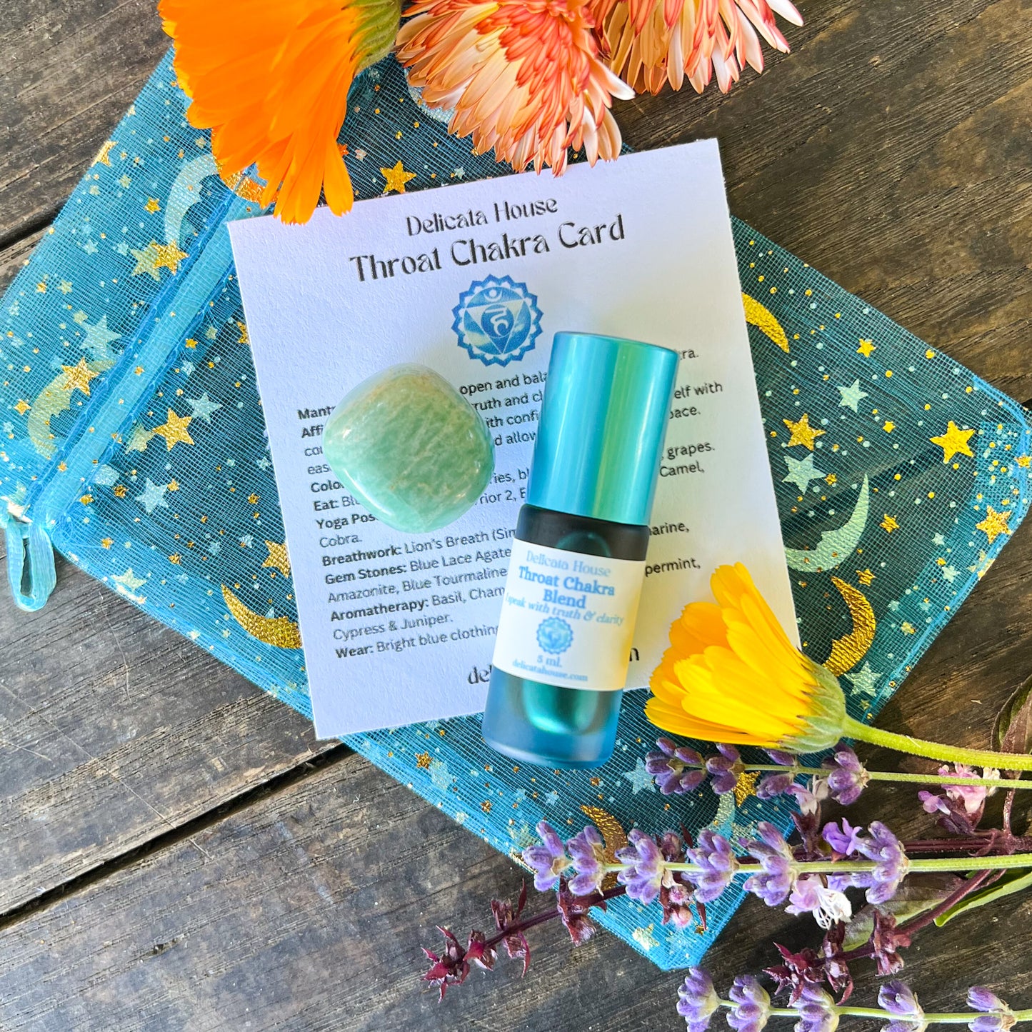 Throat Chakra Set - 5th Chakra Healing - Throat Chakra Roller Bottle and Amazonite Gem Stone - 5th Chakra Balancing - Aromatherapy for Throat Chakra -
