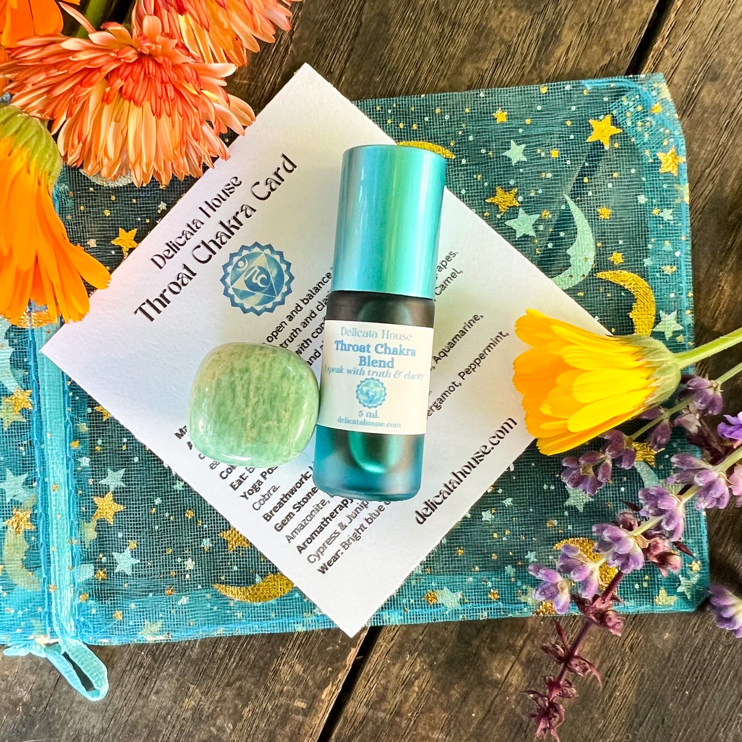 Throat Chakra Set - 5th Chakra Healing - Throat Chakra Roller Bottle and Amazonite Gem Stone - 5th Chakra Balancing - Aromatherapy for Throat Chakra -