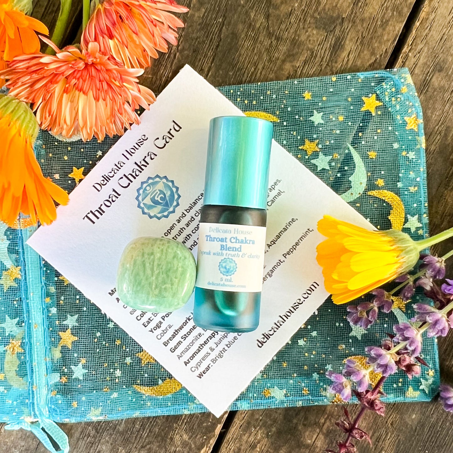 Throat Chakra Set - 5th Chakra Healing - Throat Chakra Roller Bottle and Amazonite Gem Stone - 5th Chakra Balancing - Aromatherapy for Throat Chakra -