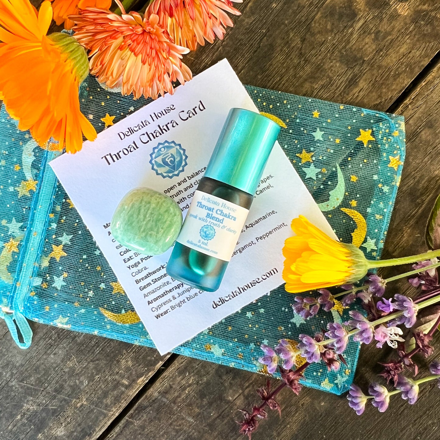 Throat Chakra Set - 5th Chakra Healing - Throat Chakra Roller Bottle and Amazonite Gem Stone - 5th Chakra Balancing - Aromatherapy for Throat Chakra -
