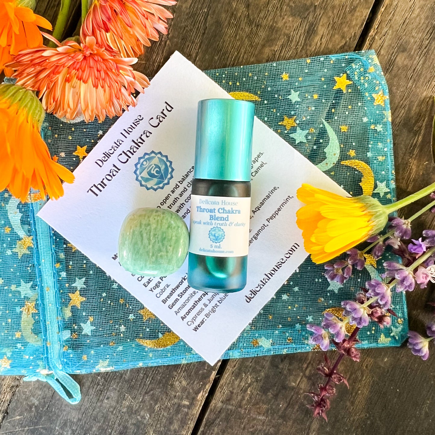 Throat Chakra Set - 5th Chakra Healing - Throat Chakra Roller Bottle and Amazonite Gem Stone - 5th Chakra Balancing - Aromatherapy for Throat Chakra -