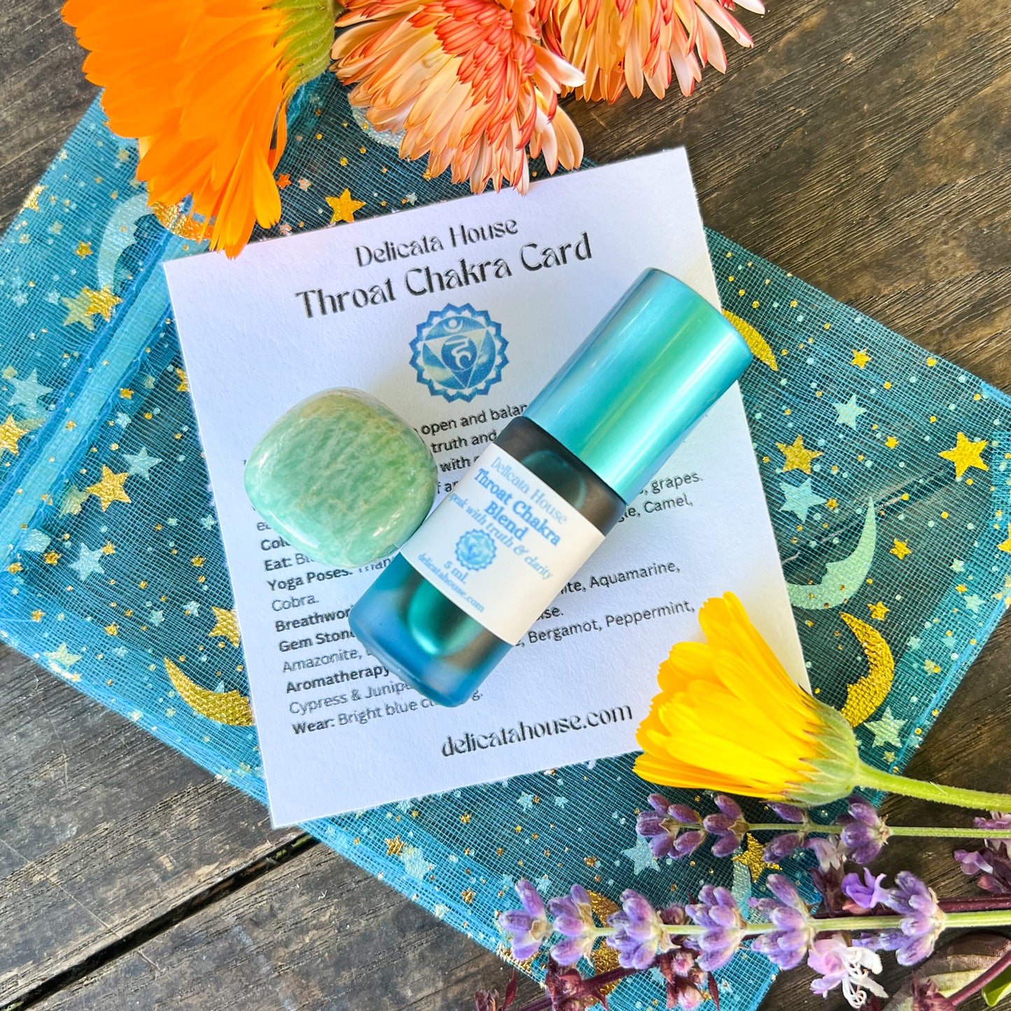 Throat Chakra Set - 5th Chakra Healing - Throat Chakra Roller Bottle and Amazonite Gem Stone - 5th Chakra Balancing - Aromatherapy for Throat Chakra -