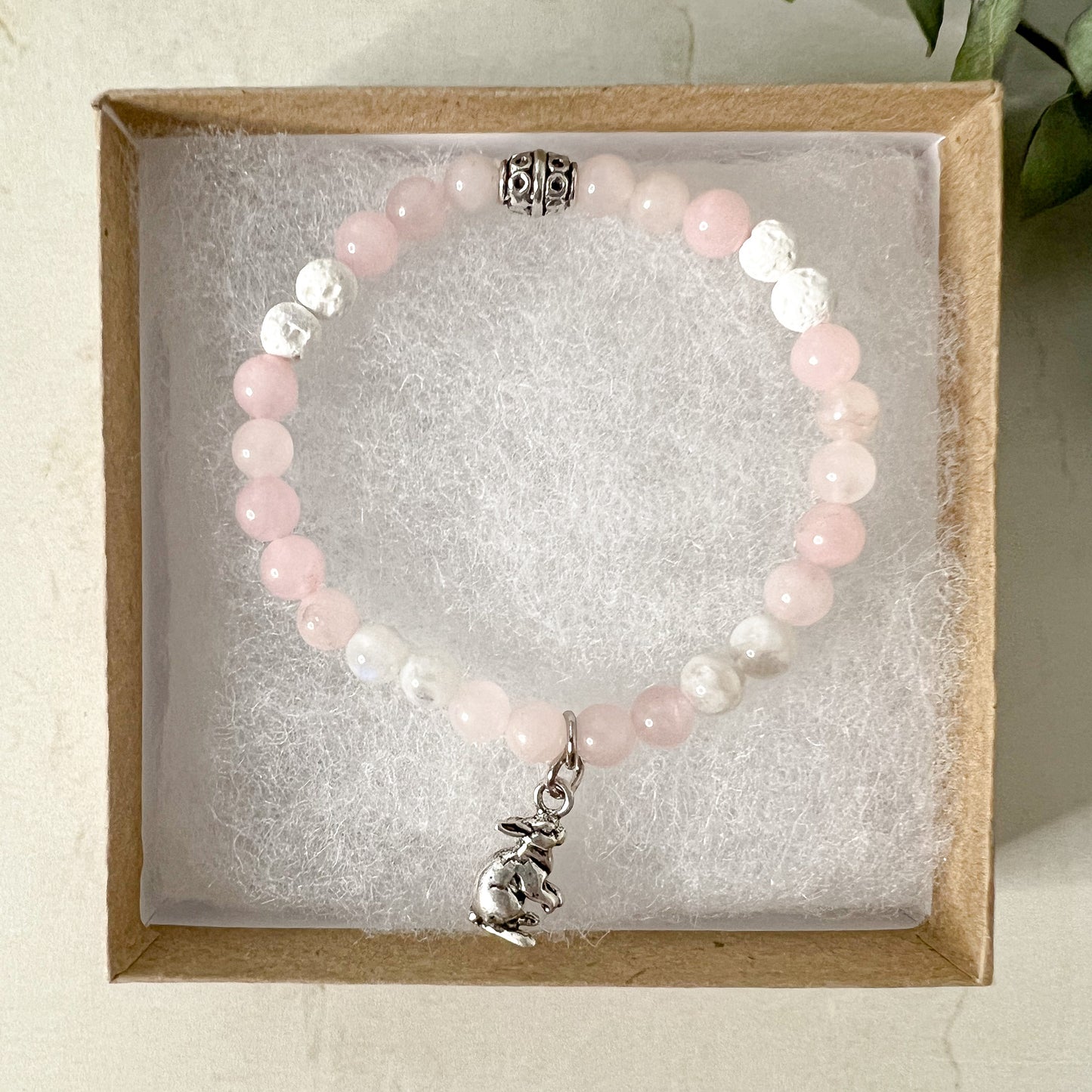 Rabbit Diffuser Bracelet - Rabbit Charm Bracelet - Bunny Charm Diffuser Bracelet - Rose Quartz Bead Bracelet