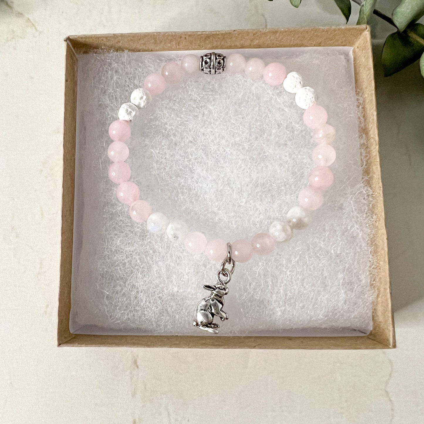 Rabbit Diffuser Bracelet - Rabbit Charm Bracelet - Bunny Charm Diffuser Bracelet - Rose Quartz Bead Bracelet