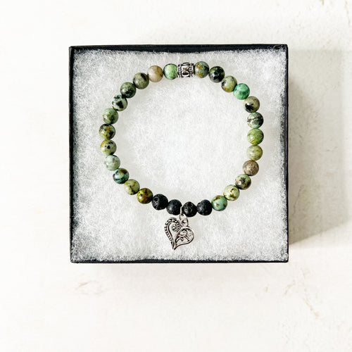 African Turquoise Heart Charm Diffuser Bracelet - Heart Charm Bracelet - Aromatherapy African Turquoise Charm Bracelet